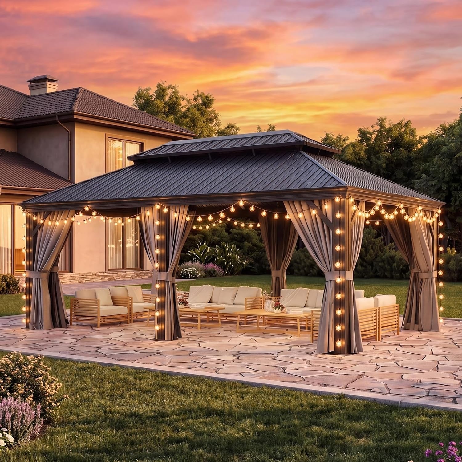 Aoxun 12' X 20' Hardtop Gazebo with Drainage System, Aluminum Outdoor Gazebo with Galvanized Steel Double Roof, Patio Permanent Metal Pavilion with Netting, for Garden, Deckyard, Grey(副本)