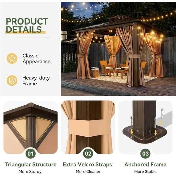 Aoxun 10'x10' Hardtop Gazebo, Outdoor Polycarbonate Double Top Canopy, Aluminum Frame Gazebo with Netting and Curtains