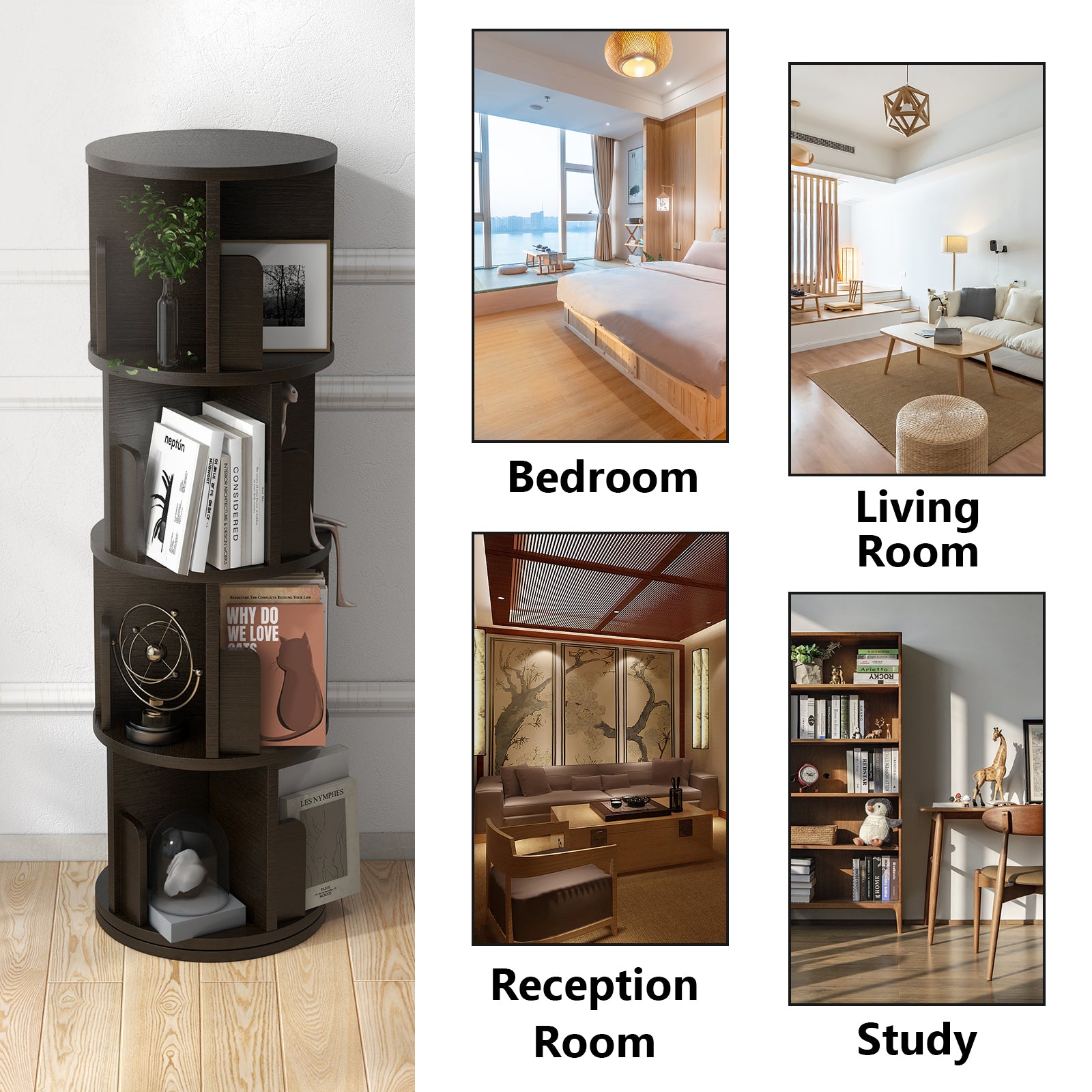 4 Tier Rotating Bookshelf, 360° Rotating Wood Floor Standing Bookcase, Freestanding Storage Shelf, Swivel Bookshelf Display Rack, Black