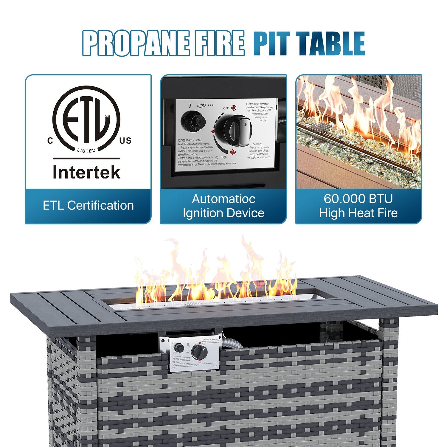 Sunmthink Patio Furniture Sets, 15-Piece Outdoor Patio Furniture with 44'' Propane Gas Firepit Table, Wicker Outdoor Conversation Set and Waterproof Cover for Backyard, Poolside, Garden