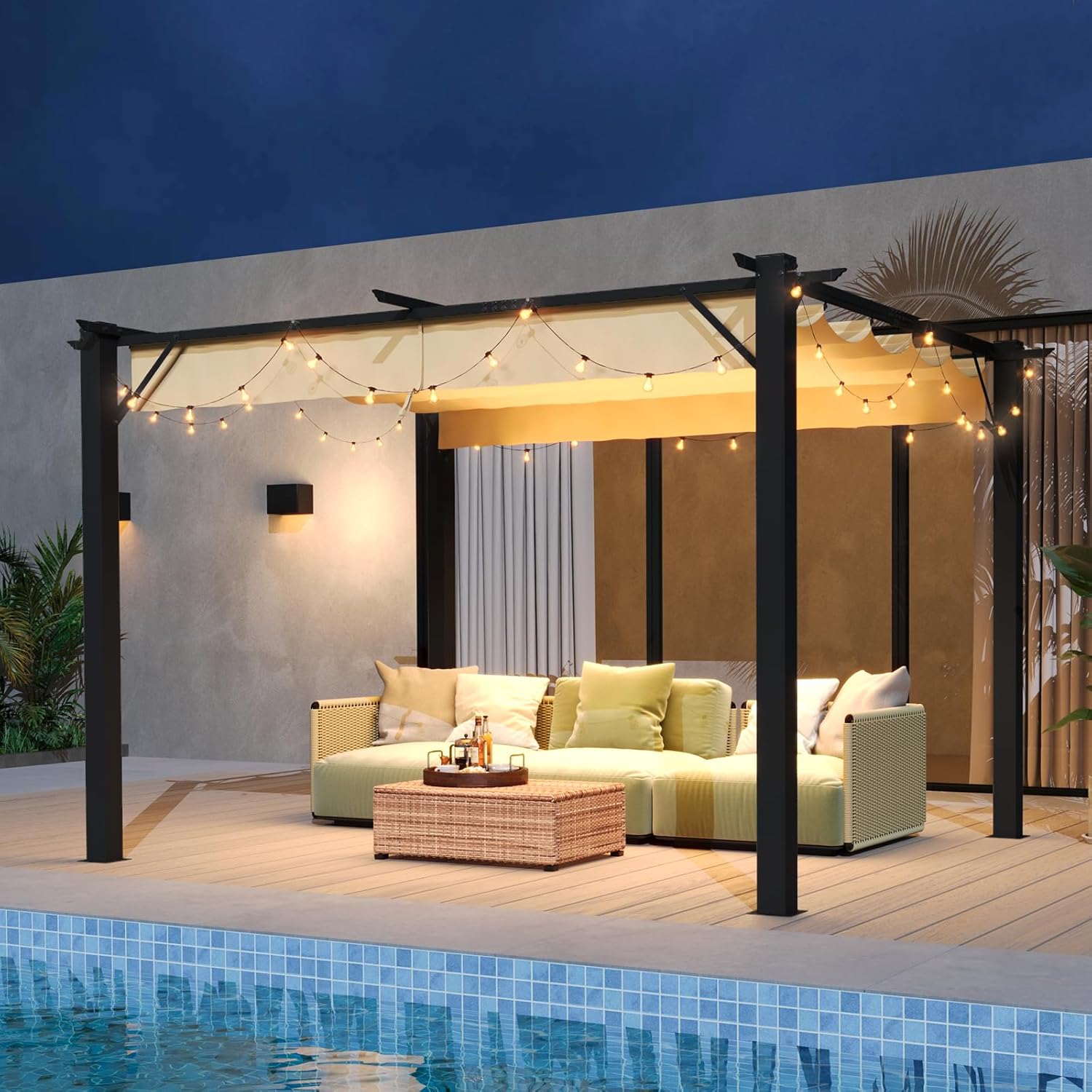 Aoxun 10'x12' Outdoor Pergola, Upgraded Canopy with Adjustable Roof, Metal Patio Pergola with Brown Sun Shade Cover for Backyard, Garden and Deck