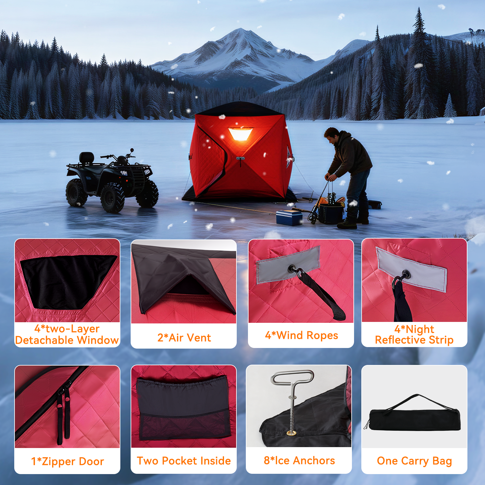 Aoxun Ice Fishing Tent Pop Up Instant Setup 2-3 Person Portable Shanty Hub Waterproof Insulated Shelter for Winter Fishing & Camping