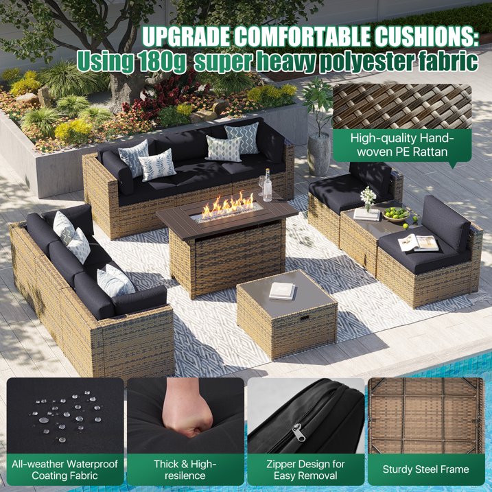 Clouddwell 11 Piece Patio Furniture Set with 44” Fire Pit Table Wicker Rattan Patio Conversation Set Outdoor Sectional Sofa Set with Coffee Table and Black Cushions(Waterproof Cover Included)
