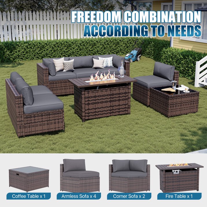 Sunmthink Patio Furniture Sets, 8-Piece Outdoor Patio Furniture with 44'' Propane Gas Firepit Table, Wicker Outdoor Conversation Set and Waterproof Cover for Backyard, Poolside, Garden
