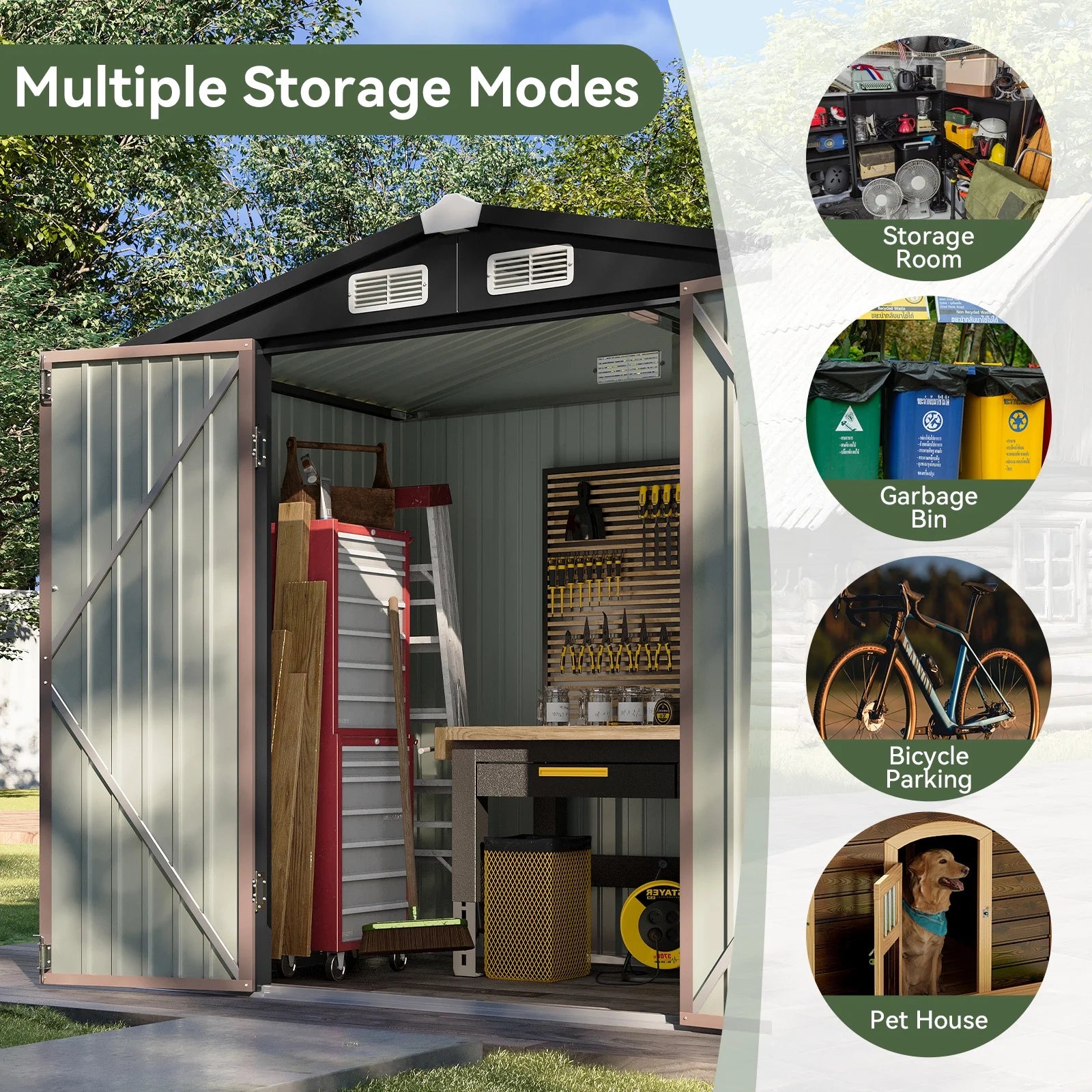 6 x 4 ft Outdoor Metal Storage Shed with Lock, Galvanized Metal Shed with Air Vents, Brown