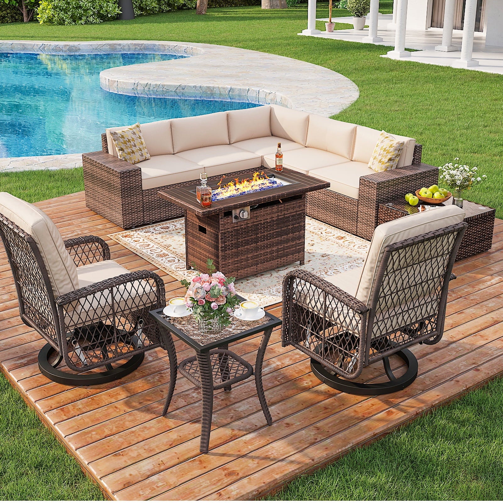 10pcs Outdoor Patio Furniture Sets with Fire Pit Table, PE Rattan Wicker Conversation Sofa Set with Swivel Chairs and Coffee Table for Lawn, Backyard,Balcony, Beige