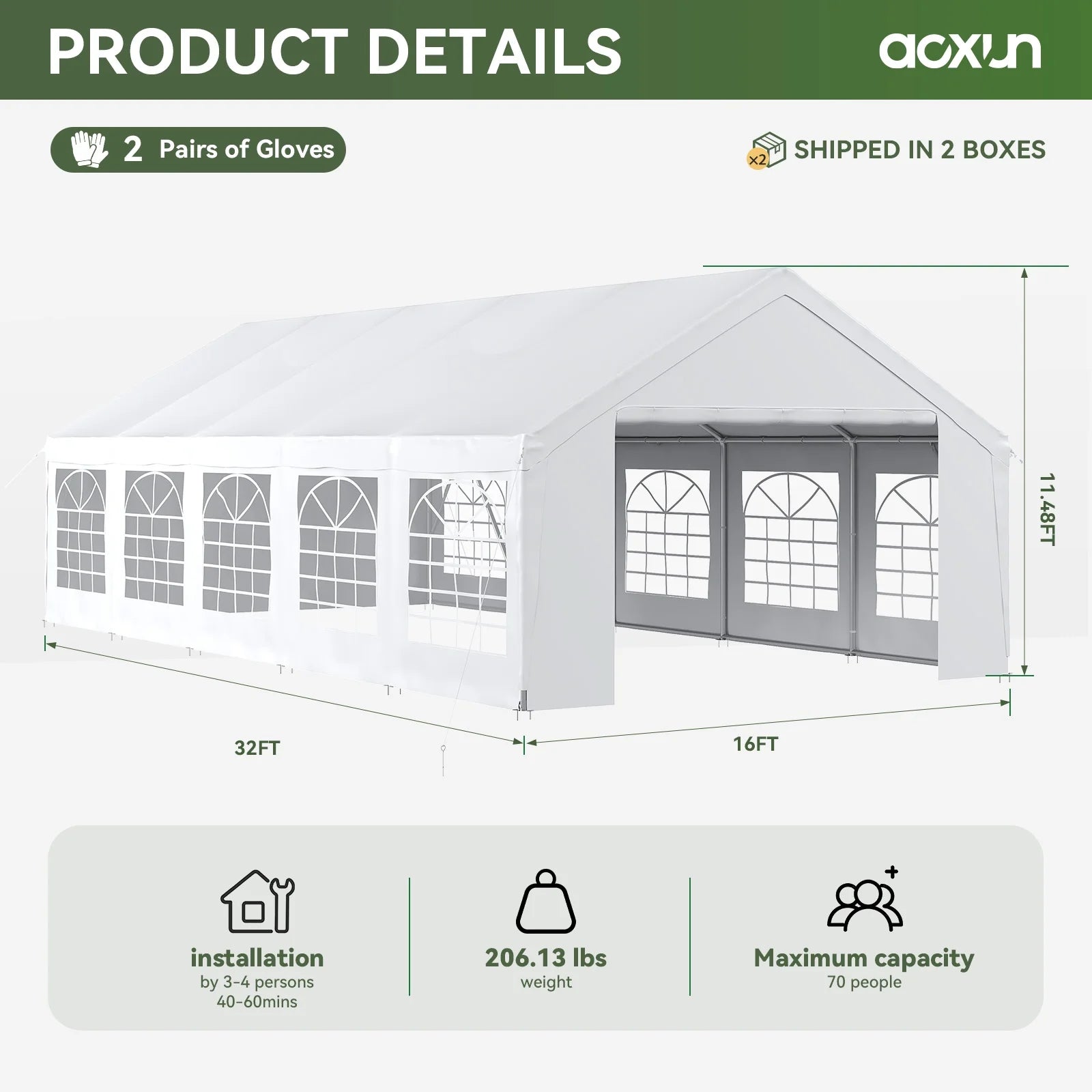 Aoxun Wedding & Event Tent, 32x16 FT White Canopy with Removable Sidewalls, Waterproof Party Tent for Outdoor Gatherings, BBQ, Birthday, Camping