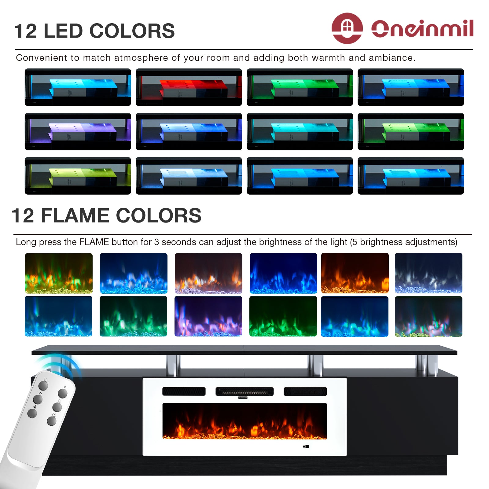 Fireplace TV Stand with 36” Electric Fireplace, Entertainment Center for TVs up to 90", LED Lights Entertainment Center, TV Console, Black&White