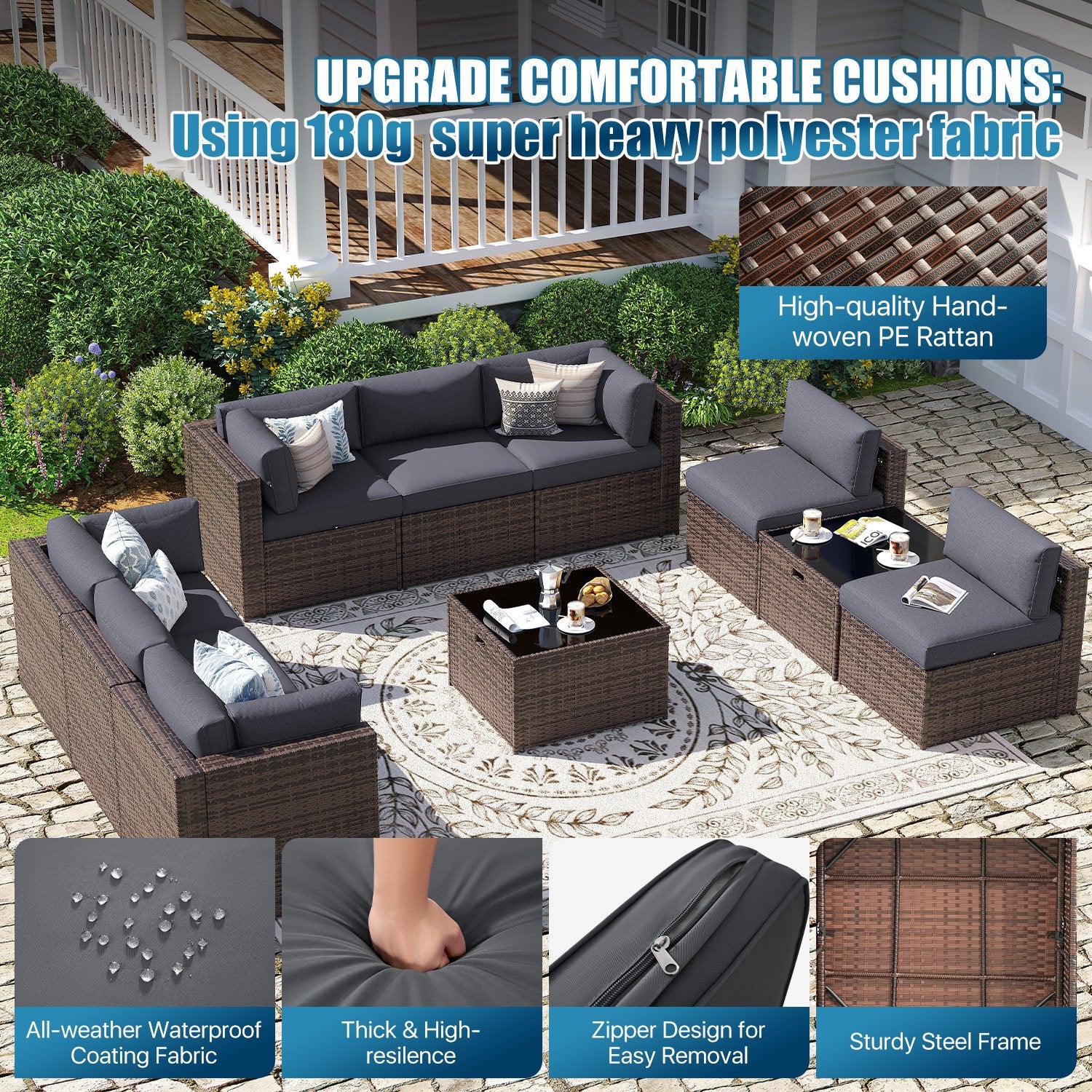 Sunmthink Patio Furniture Sets, 10-Piece Outdoor Patio Furniture with Thick Cushions, Wicker Outdoor Conversation Set and Waterproof Cover for Backyard, Poolside, Garden