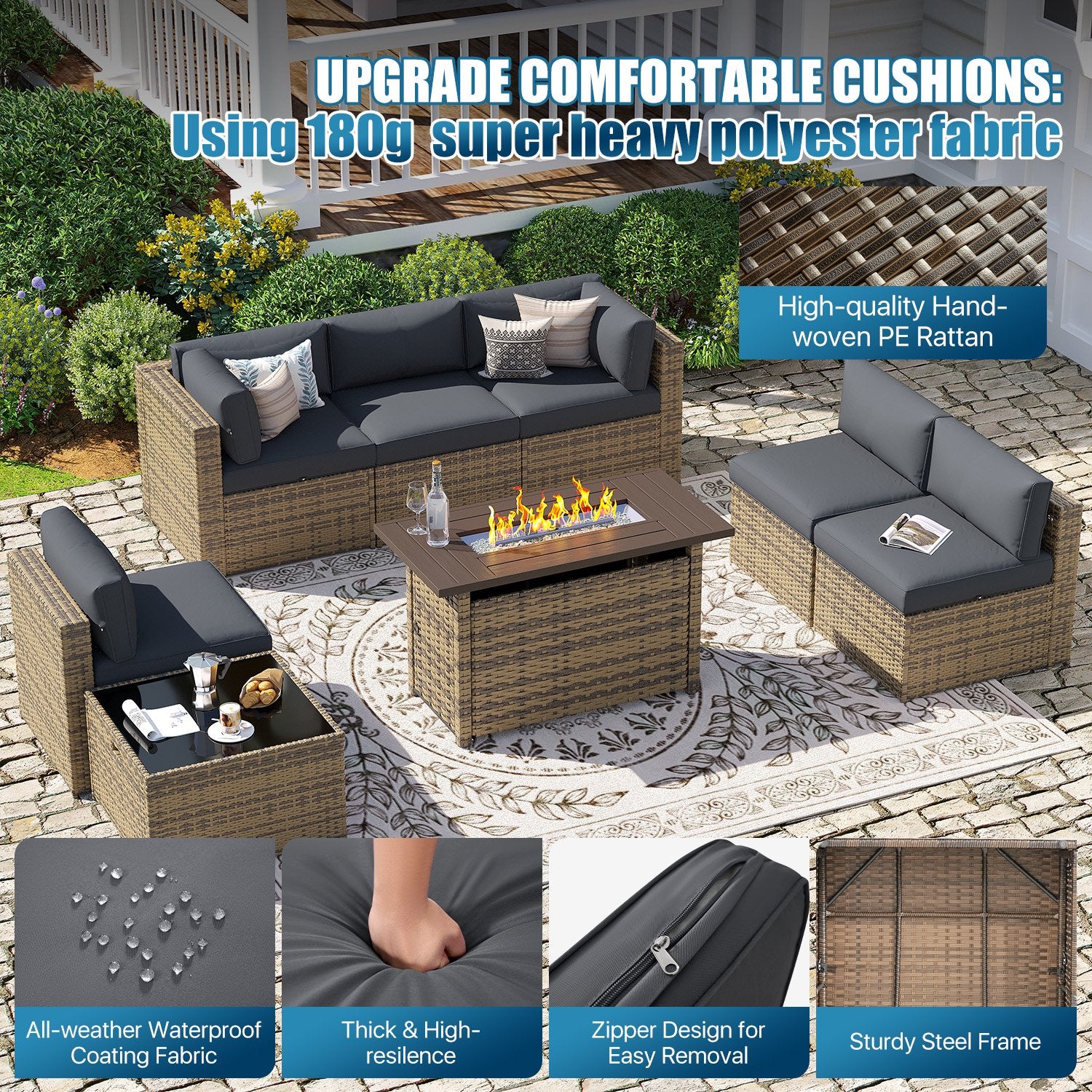 Sunmthink Patio Furniture Sets, 15-Piece Outdoor Patio Furniture with 44'' Propane Gas Firepit Table, Wicker Outdoor Conversation Set and Waterproof Cover for Backyard, Poolside, Garden