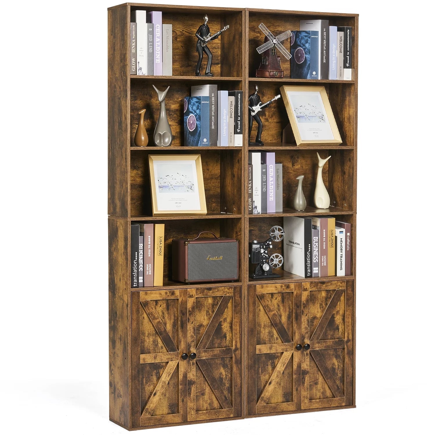 6 Shelf Bookcase with Doors 71in Tall Bookshelf for Home Office, Brown