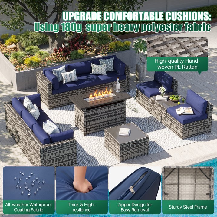 Clouddwell 11 Piece Patio Furniture Set with 44” Fire Pit Table Wicker Rattan Patio Conversation Set Outdoor Sectional Sofa Set with Coffee Table and Blue Cushions