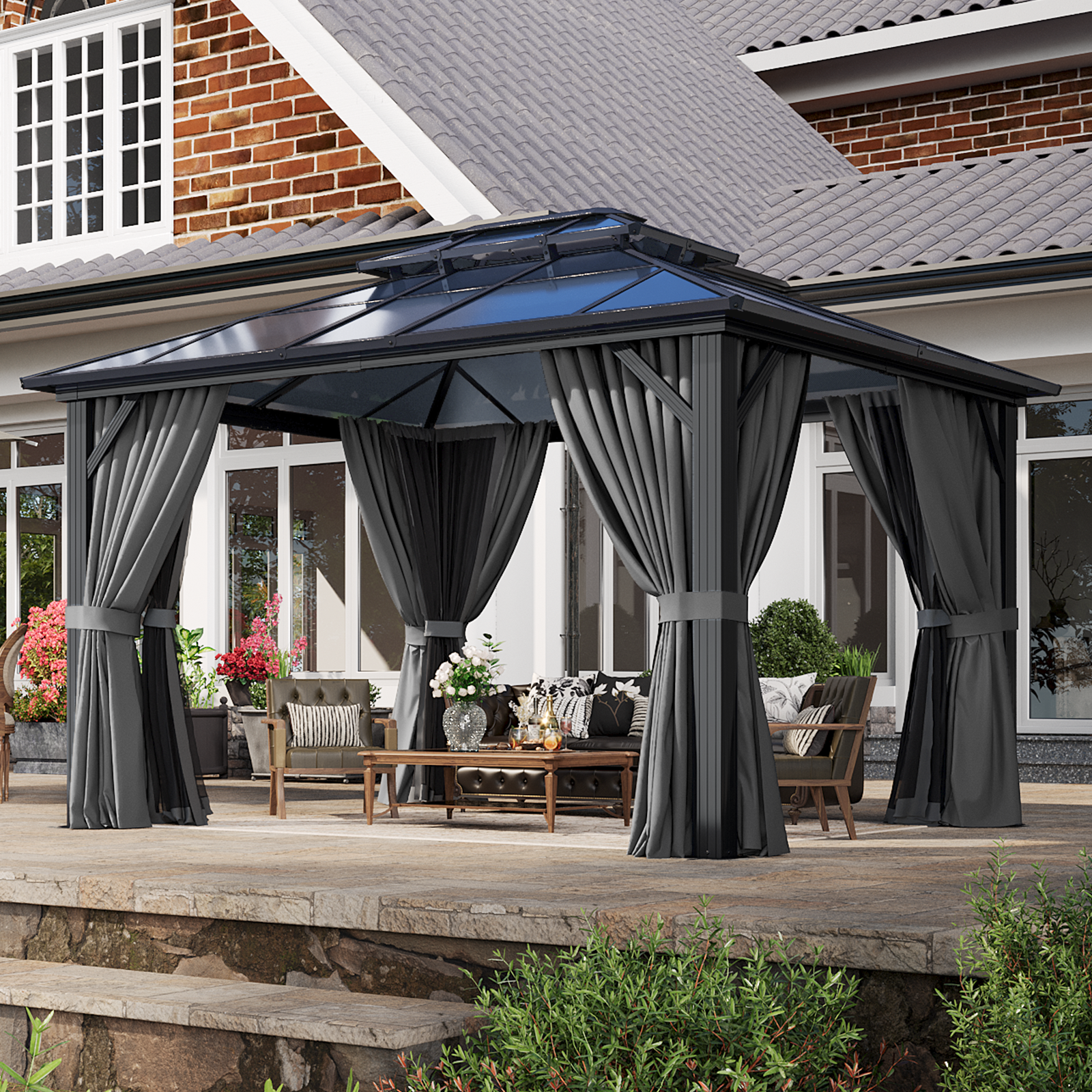 10'x12' Hardtop Gazebo, Aluminum Frame Permanent Pavilion with Curtains and Netting, Outdoor Polycarbonate Double Roof Canopy, Designed for Garden, Lawns, Patio
