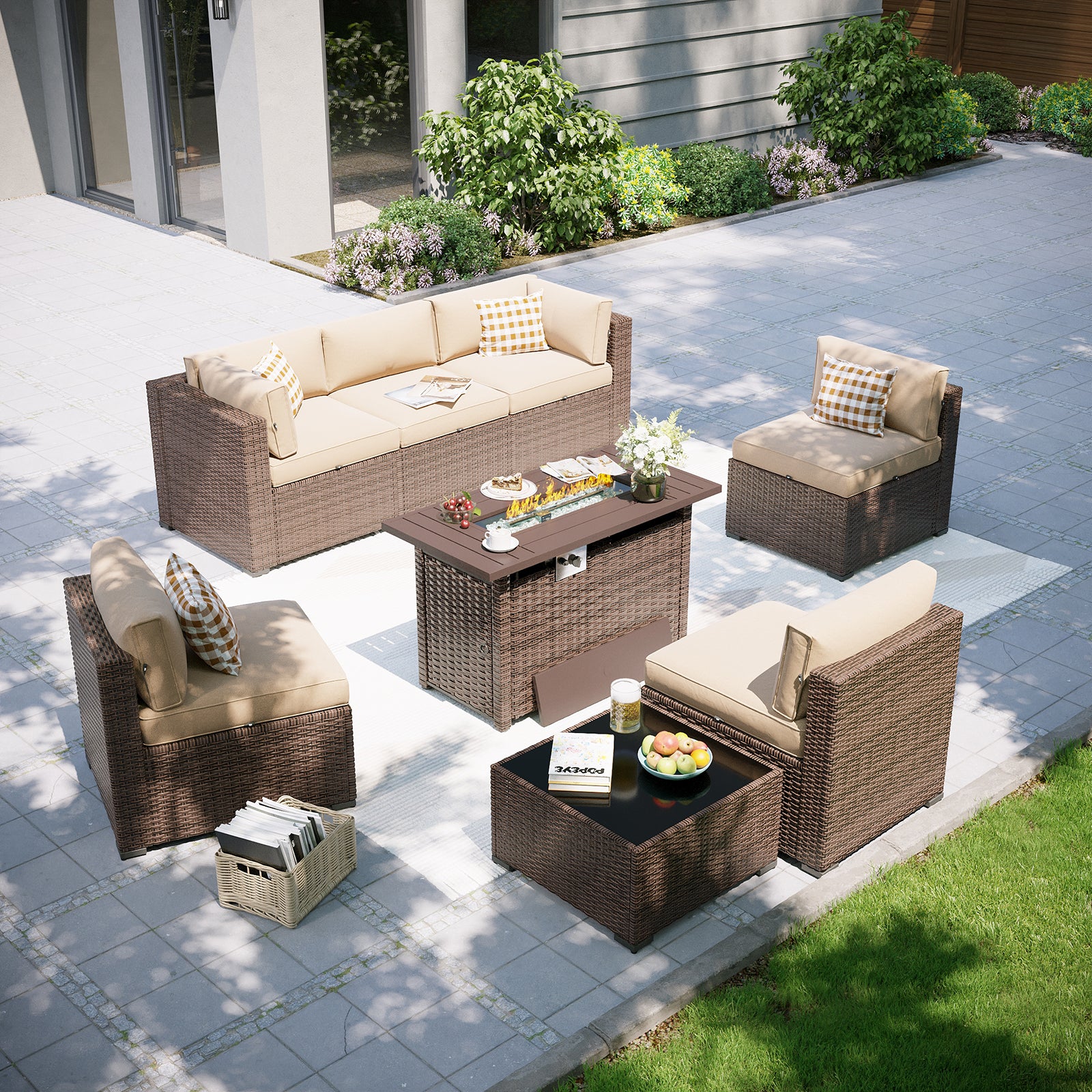 Aoxun Patio Furniture Set, 7 Piece Outdoor Sectional Sofas with Waterprool Cover, Wicker Rattan Outdoor Furniture Patio Conversation Set for Backyard, Garden Peacock Blue
