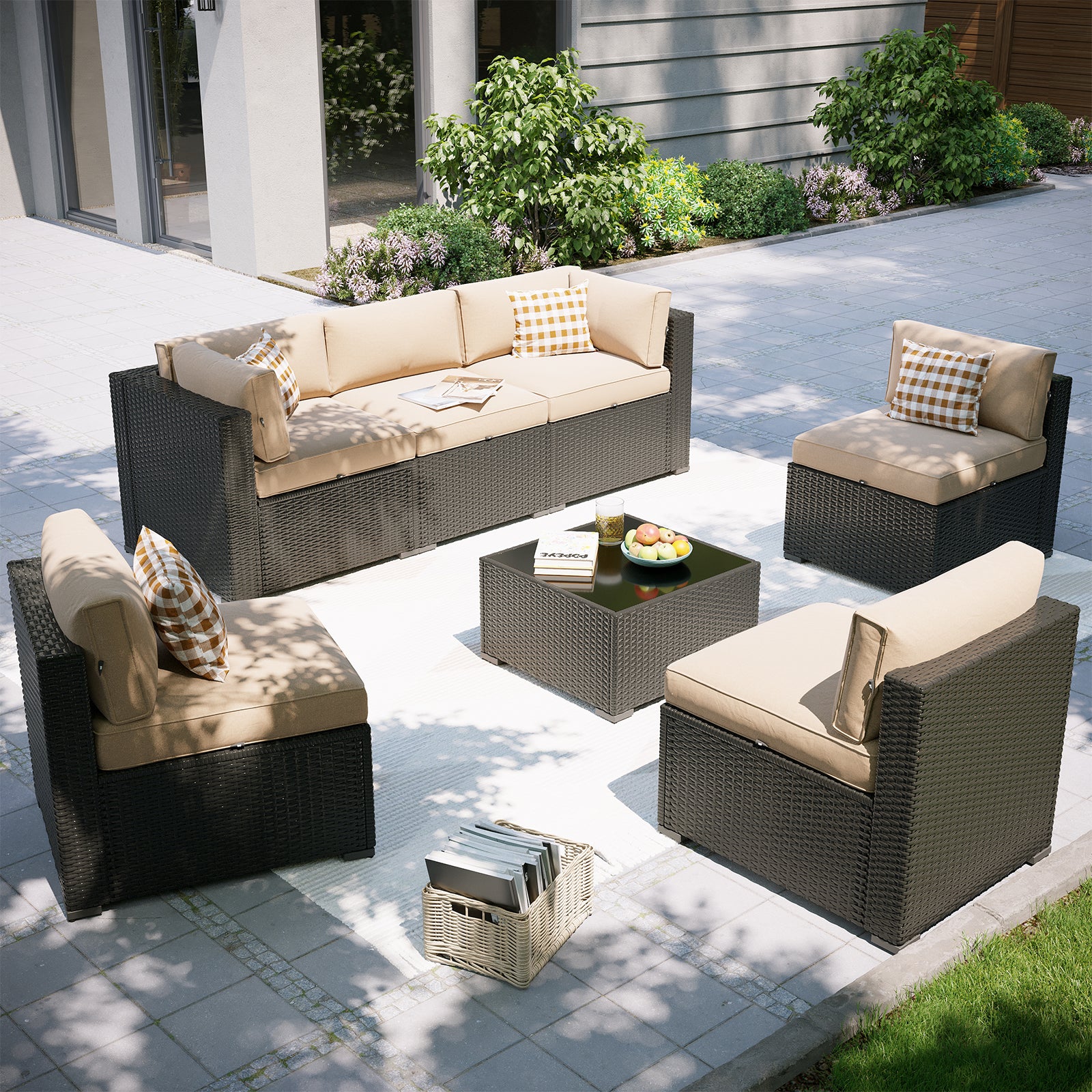 Aoxun Patio Furniture Set, 7 Piece Outdoor Sectional Sofas with Waterprool Cover, Wicker Rattan Outdoor Furniture Patio Conversation Set for Backyard, Garden Peacock Blue