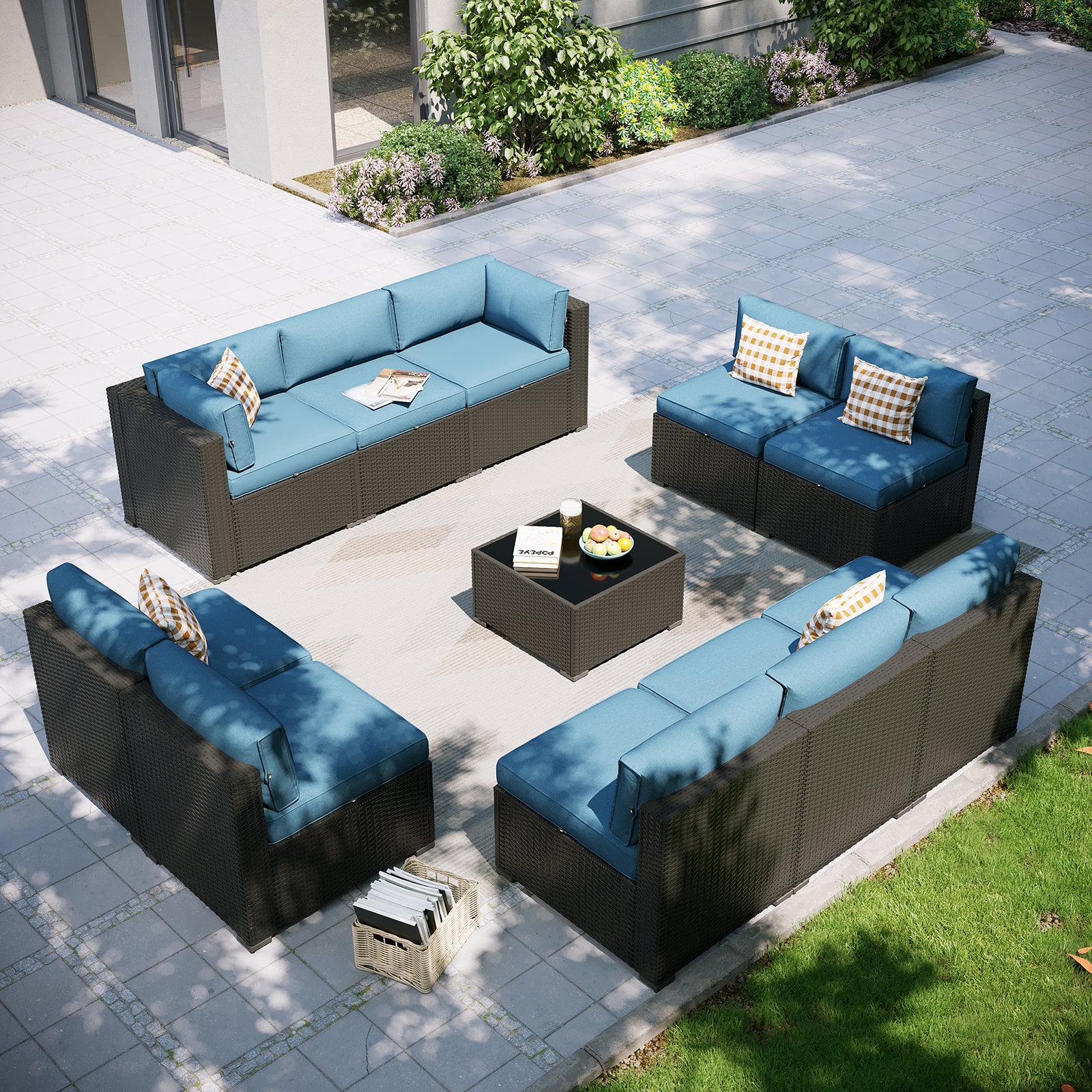 Aoxun Patio Furniture Set, 7 Piece Outdoor Sectional Sofas with Waterprool Cover, Wicker Rattan Outdoor Furniture Patio Conversation Set for Backyard, Garden Peacock Blue