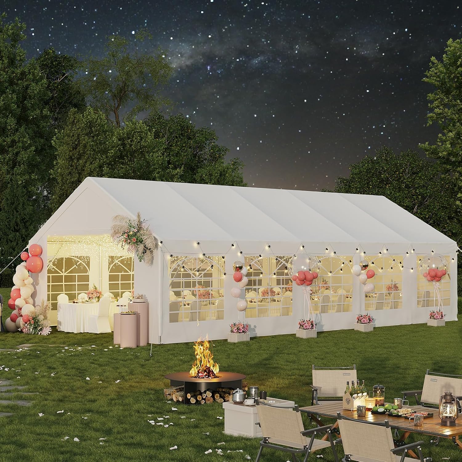 Aoxun Party Tent Canopy for Weddings Waterproof Event Tent with Removable Sidewalls &Roll-up Door, Heavy-Duty Steel Frame for Outdoor Weddings, BBQ, Birthday Parties, & Camping,White