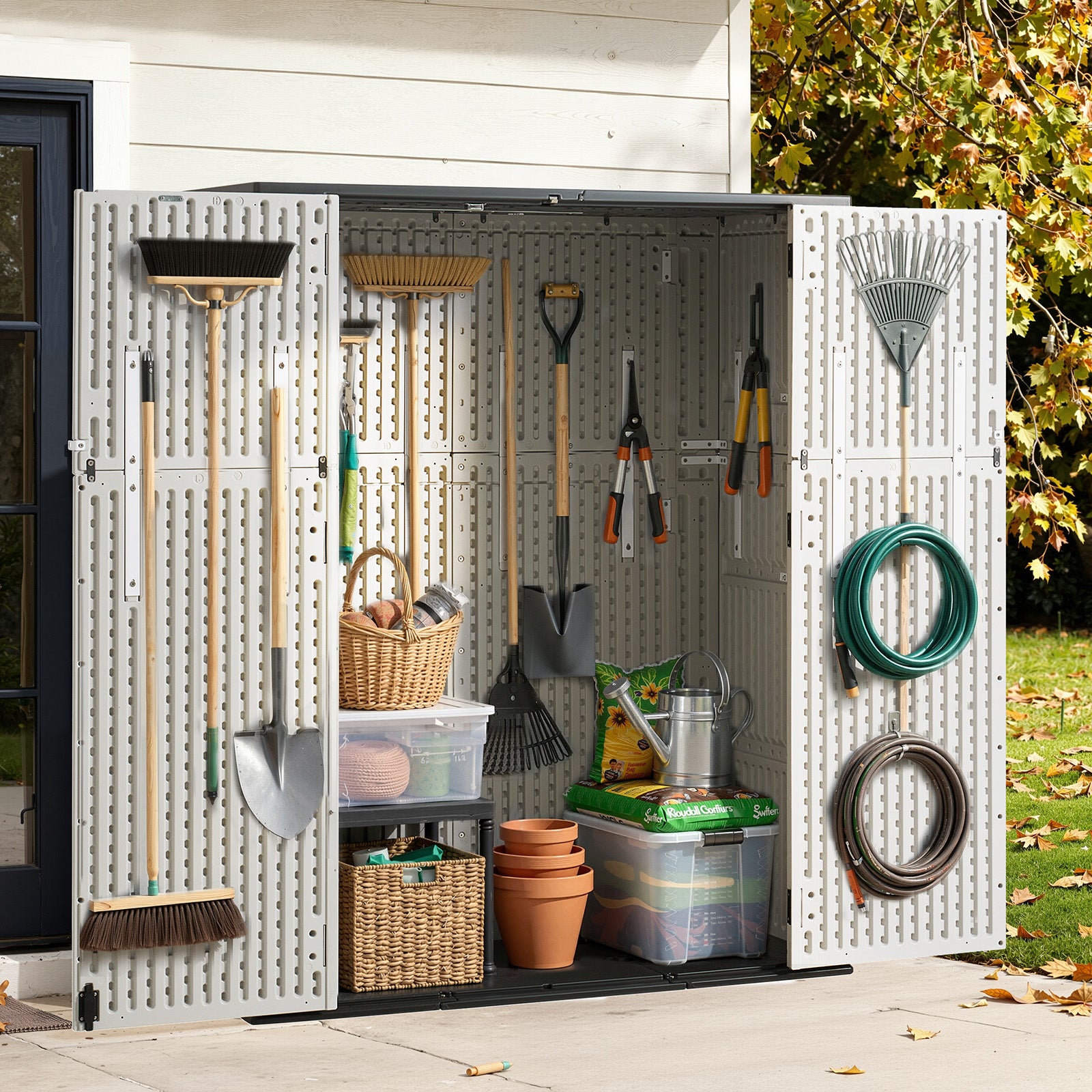 Aoxun 61 Cu.Ft Outdoor Storage Shed, Widened Outdoor Storage Cabinet Waterproof Vertical Resin Shed with Floor for Patio, Garden Tools, Pool Equipment, Easy to Assemble (White)