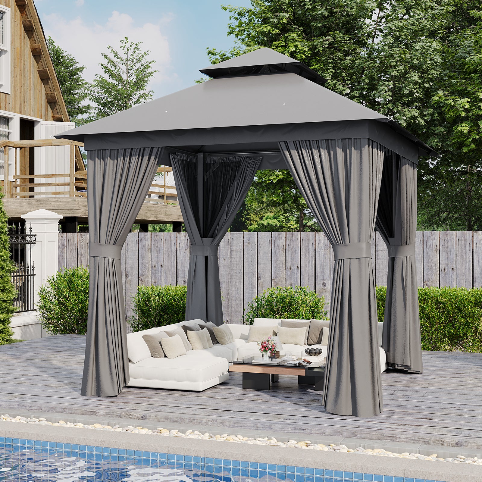 Outdoor Gazebo for Patio 8x8, Metal Frame Canopy with Double Roofs, Heavy Duty Party Tent and Shelter with Mosquito Netting and Privacy Screen for Backyard, Lawn, Garden, Deck (Grey)