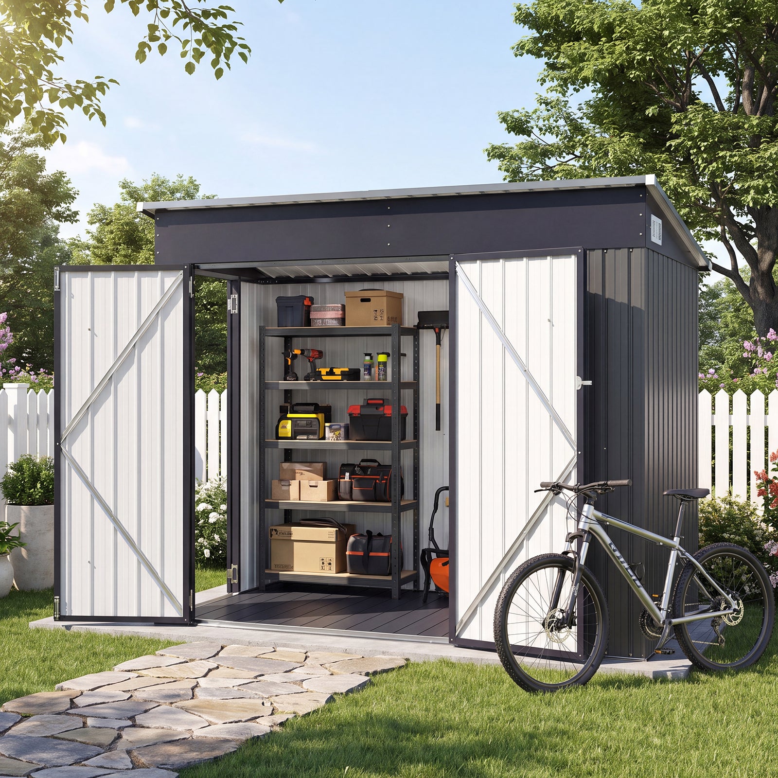 Aoxun 7.5'x4' Outdoor Storage Shed with 3 Lockable Doors & 14mm PP Floor | 7.5x4 FT Metal Garden Shed with Floor, Outdoor Storage Cabinet with Sloping Roof for Backyard, Black