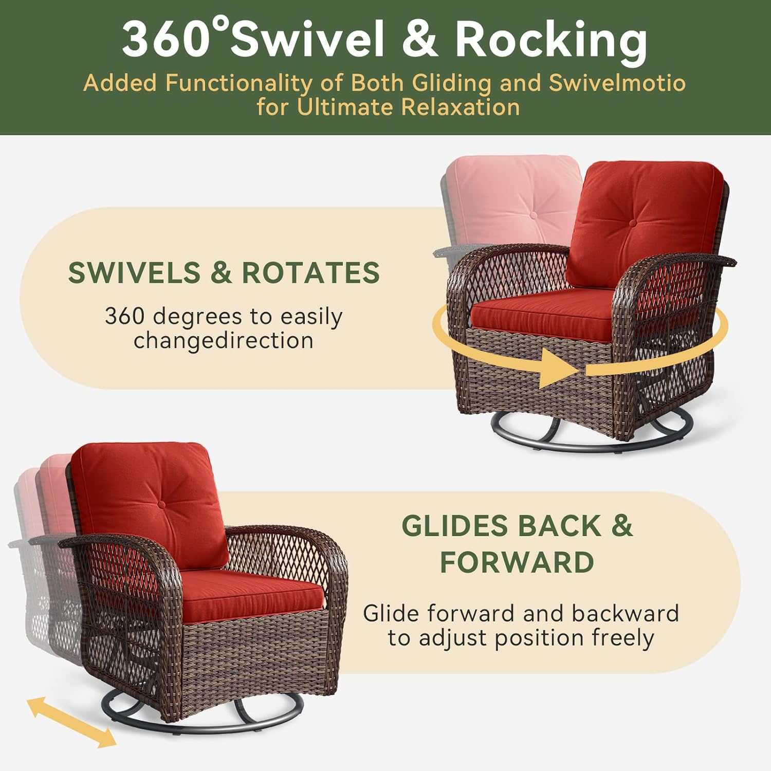 3 pcs Swivel Rocking Chairs & Tempered Glass Table Set