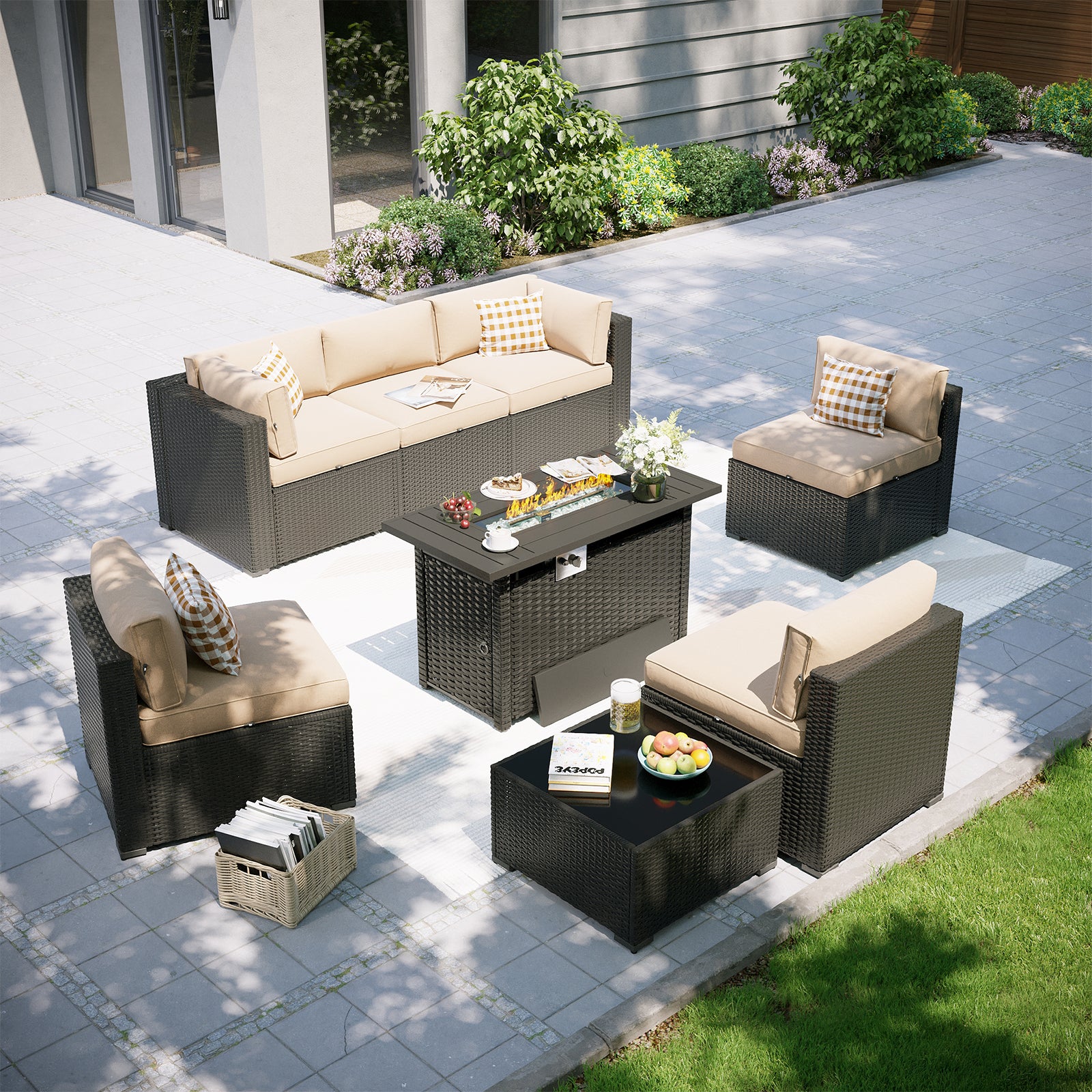Aoxun Patio Furniture Set, 7 Piece Outdoor Sectional Sofas with Waterprool Cover, Wicker Rattan Outdoor Furniture Patio Conversation Set for Backyard, Garden Peacock Blue