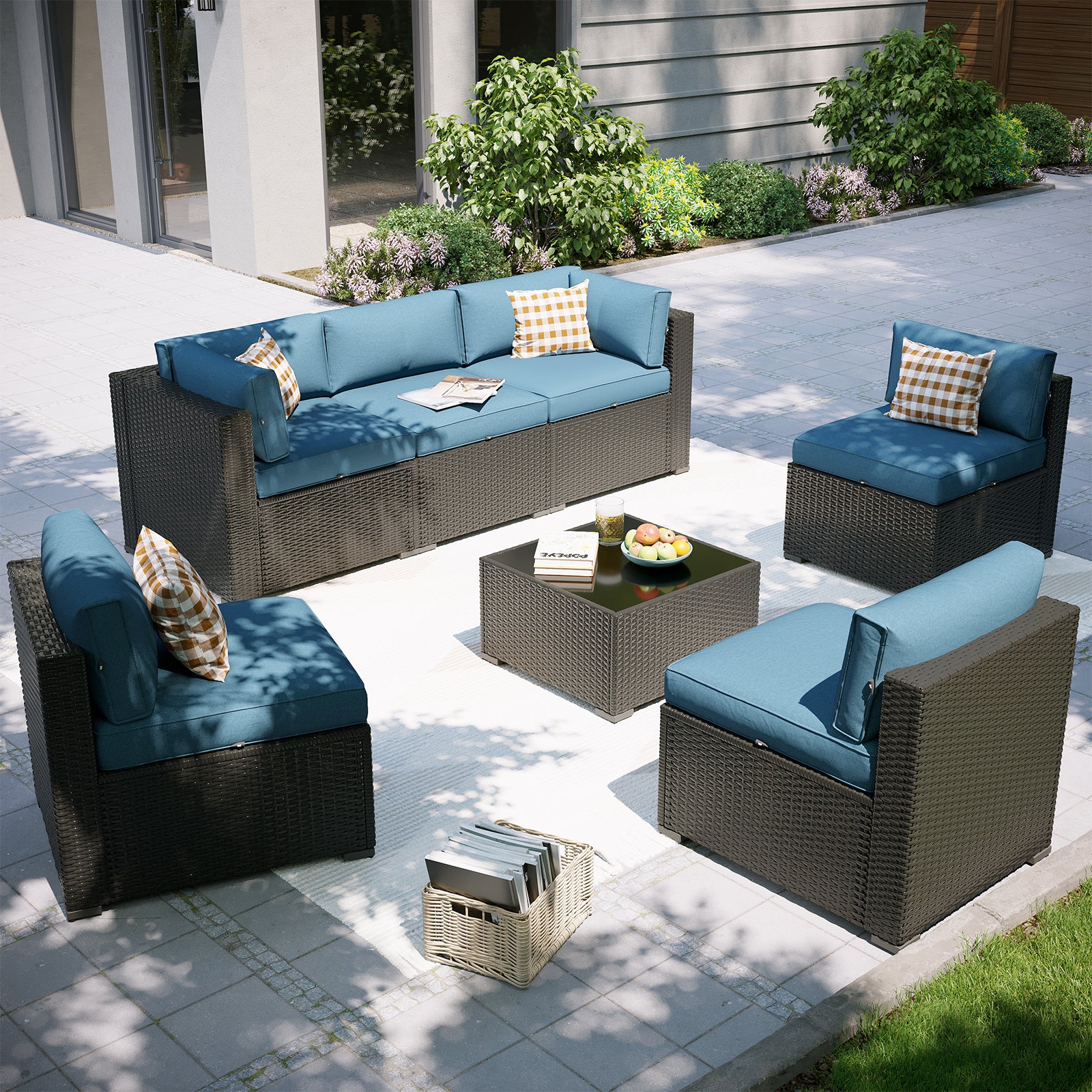 Aoxun Patio Furniture Set, 7 Piece Outdoor Sectional Sofas with Waterprool Cover, Wicker Rattan Outdoor Furniture Patio Conversation Set for Backyard, Garden Peacock Blue