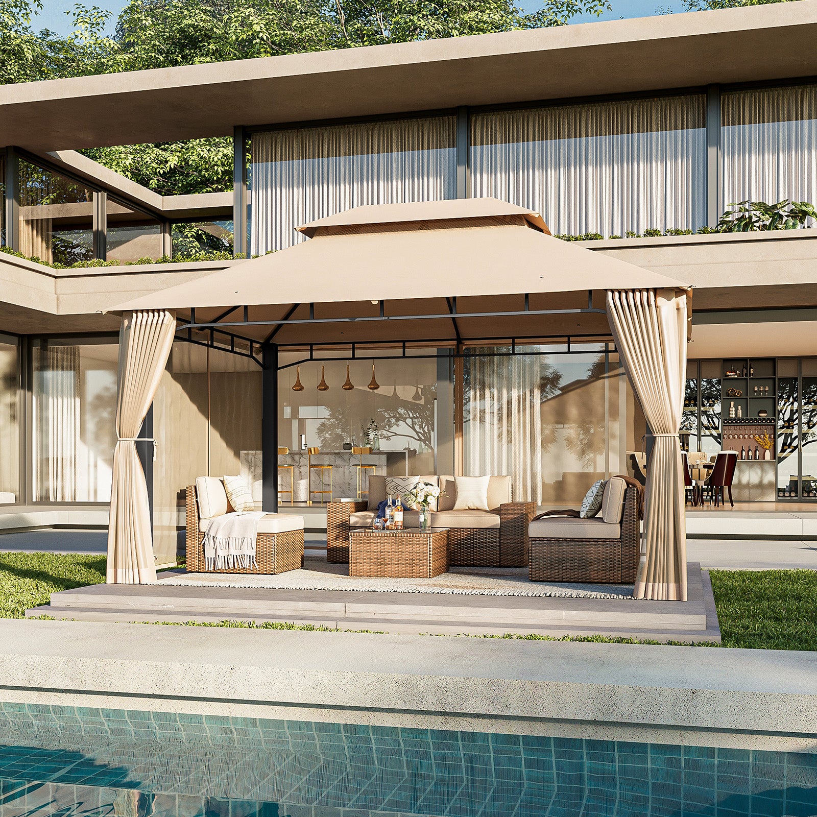 Outdoor Gazebo for Patio 10x13, Metal Frame Canopy with Double Roofs, Heavy Duty Party Tent and Shelter with Mosquito Nettings for Backyard, Lawn, Garden,Beige