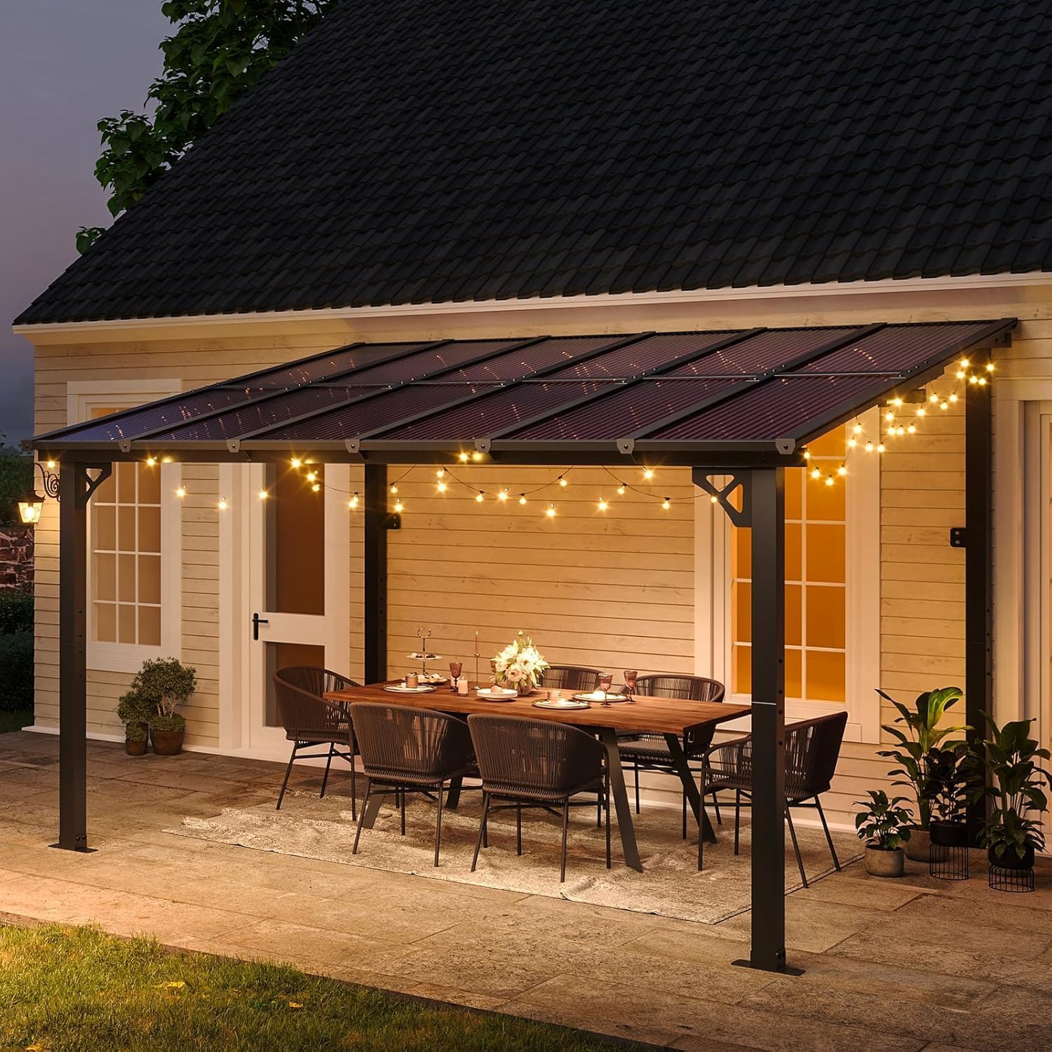 Aoxun 10' x 12' Gazebo, Premium Pergola with Sloped Roof, Aluminium Structure Large Wall-Mounted Heavy Duty Awnings, for Backyard, Patio, Deck and Lawn(Black)