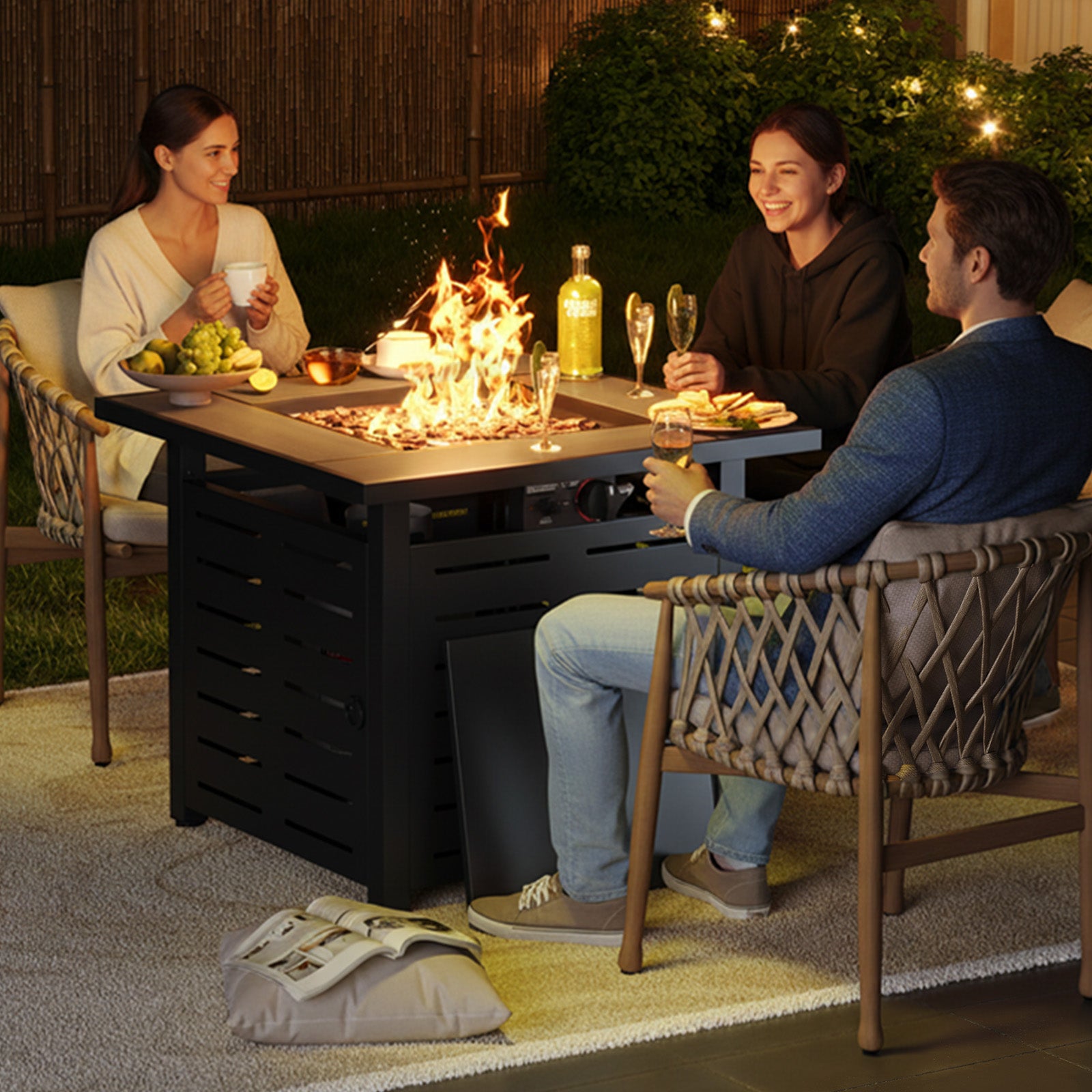 Aoxun 28" Propane Fire Pit Table, 50000 BTU Outdoor Patio Heater with Ceramic Top & Lava Rocks, Square Gas Fire Pits for Outside Patio with Removable Lid, Black