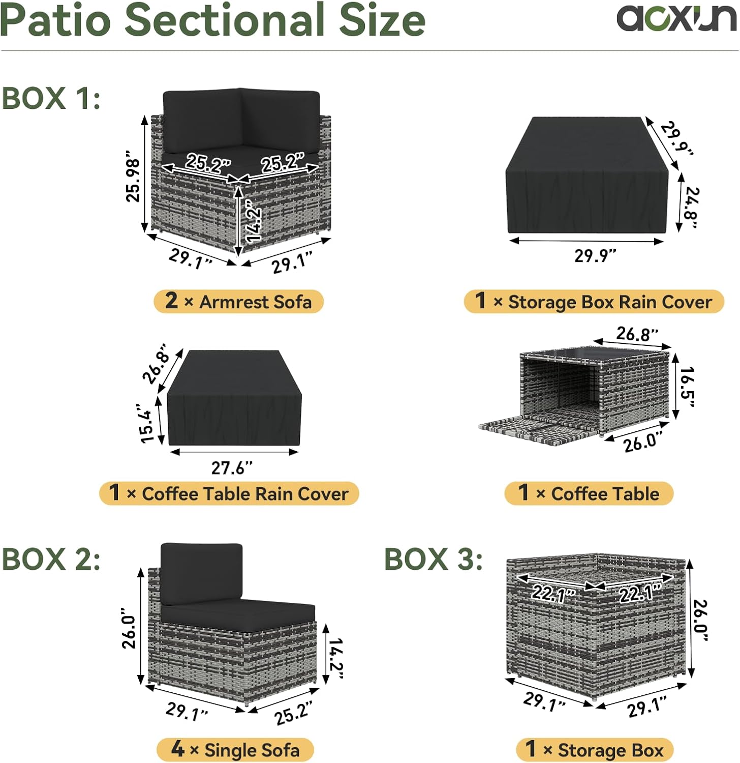 Aoxun 8 Piece Patio Furniture Set, Wicker Outdoor Furniture Set with Storage Box and Glass Top Table, Patio Sectional Set with Thickened Cushions and Include Waterproof Cover
