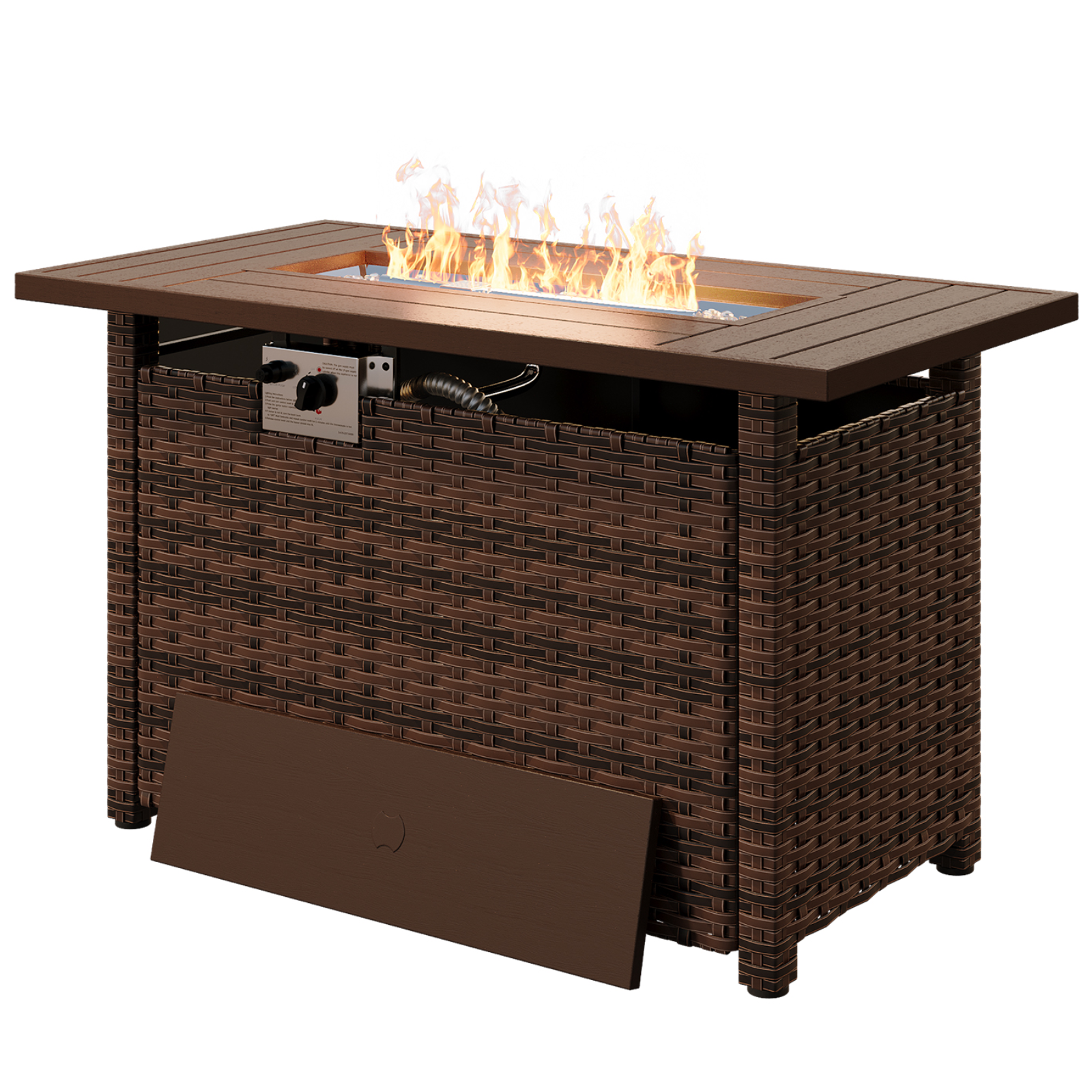 Aoxun 44" Propane Fire Pit with Storage 50,000 BTU Outdoor Wicker Fire Table with Wood-grainTabletop CSA Certified Patio Rectangular 2-in-1 Gas Fire Pit Table with Firepit Lid and Waterproof Cover