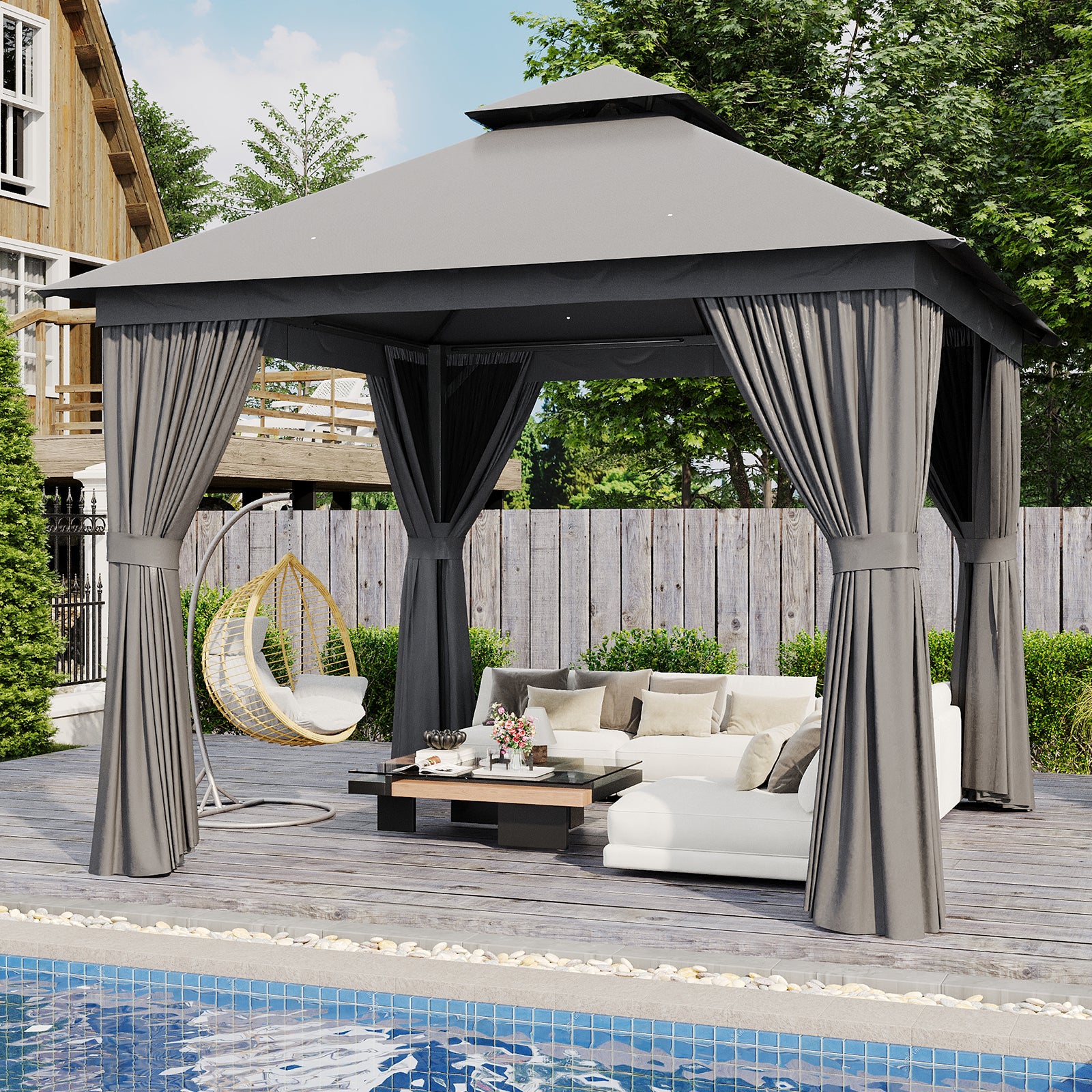 Outdoor Gazebo for Patio 10x10, Metal Frame Canopy with Double Roofs, Heavy Duty Party Tent and Shelter with Mosquito Netting and Privacy Screen for Backyard, Lawn, Garden, Deck (Grey)