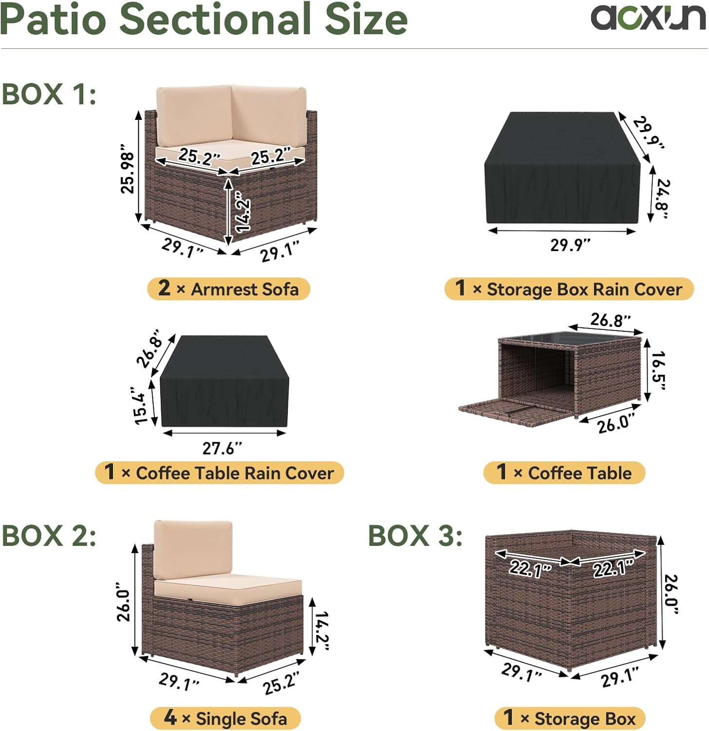 Aoxun 8 Piece Patio Furniture Set, Wicker Outdoor Furniture Set with Storage Box and Glass Top Table, Patio Sectional Set with Thickened Cushions and Include Waterproof Cover