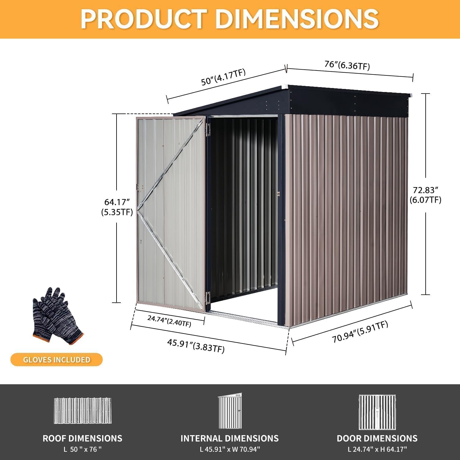 Aoxun 4x6 FT Lean to Shed Garden Metal Storage Shed with Lockable Doors Outdoor Bike Shed for Backyard, Patio, Poolside (Brown)