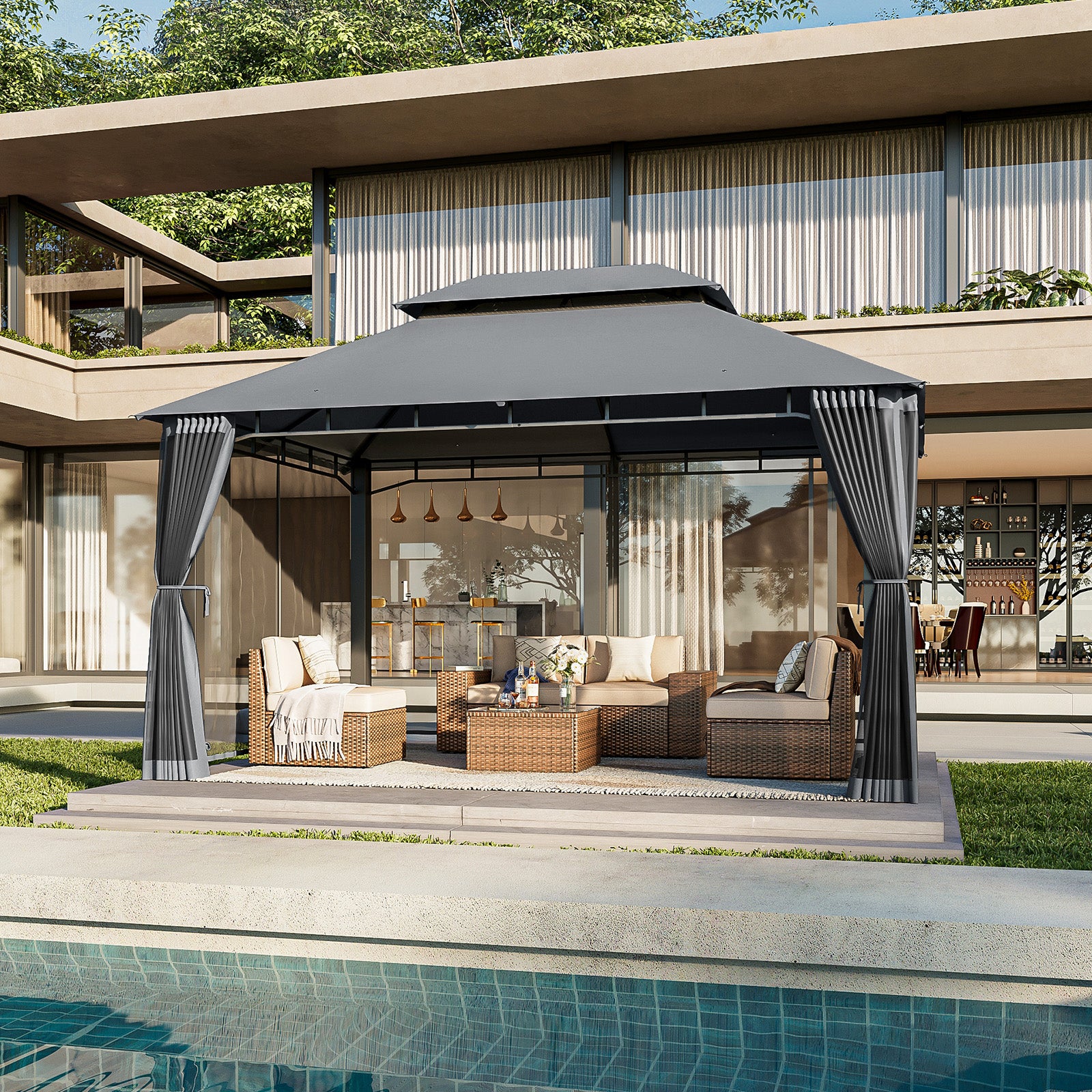 Outdoor Gazebo for Patio 10x13, Metal Frame Canopy with Double Roofs, Heavy Duty Party Tent and Shelter with Mosquito Nettings for Backyard, Lawn, Garden,Gray