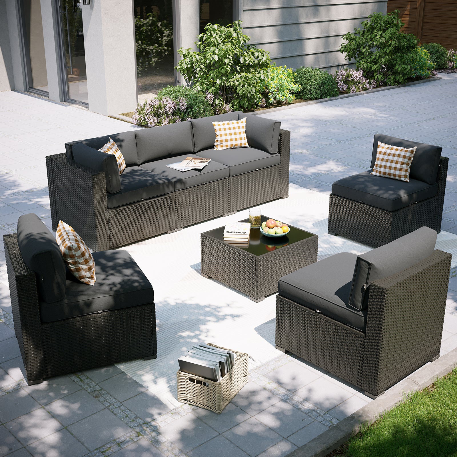 Aoxun Patio Furniture Set, 7 Piece Outdoor Sectional Sofas with Waterprool Cover, Wicker Rattan Outdoor Furniture Patio Conversation Set for Backyard, Garden Peacock Blue
