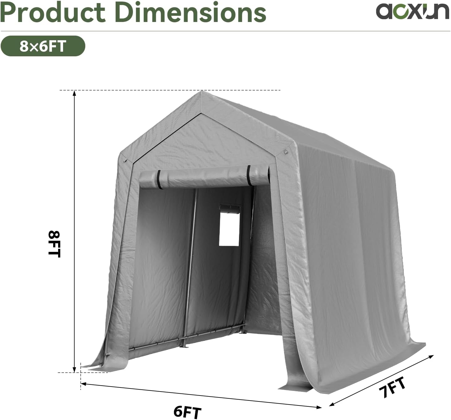 Aoxun 6x8x7 FT Outdoor Portable Storage Shed Tent with Roll-up Zipper Door and Window Portable Carport with Waterproof Tarp Galvanized Steel for Motorcycle, Generator, Bike Storage (Gray)