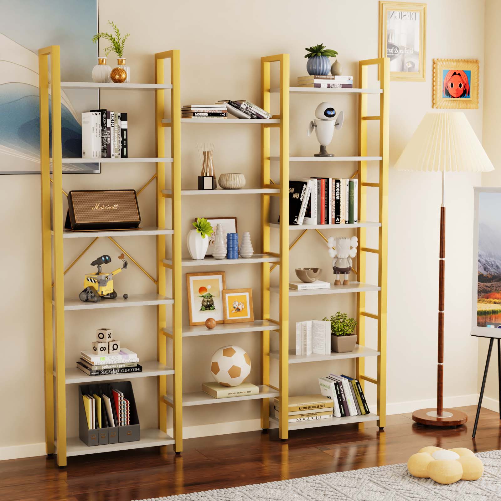 6 Tiers Triple Wide Corner Bookcase with 17 High Quality Solid Open Shelves, Gold