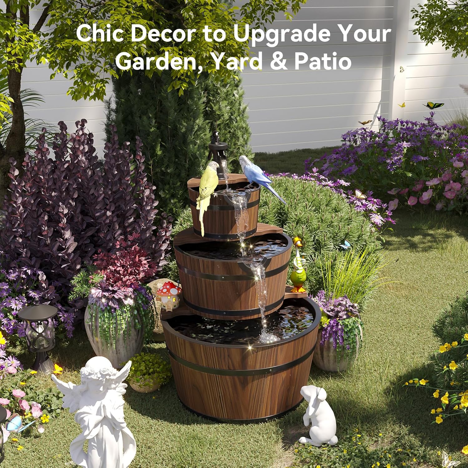 Outdoor Water Fountain, Wood Barrel Cascading with Electric Decorative Hand Pump, Rustic Waterfall Fountain for Garden, Backyard, Patio, Porch, Yard