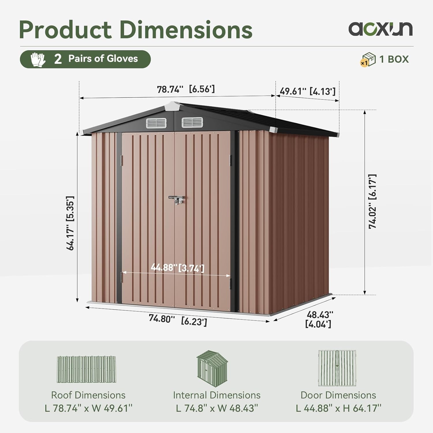 Aoxun 6.2x4 FT Shed Outdoor Storage Shed with Lockable Doors & Slooping Roof Metal Garden Tool Shed for Backyard, Patio, Poolside (Brown)