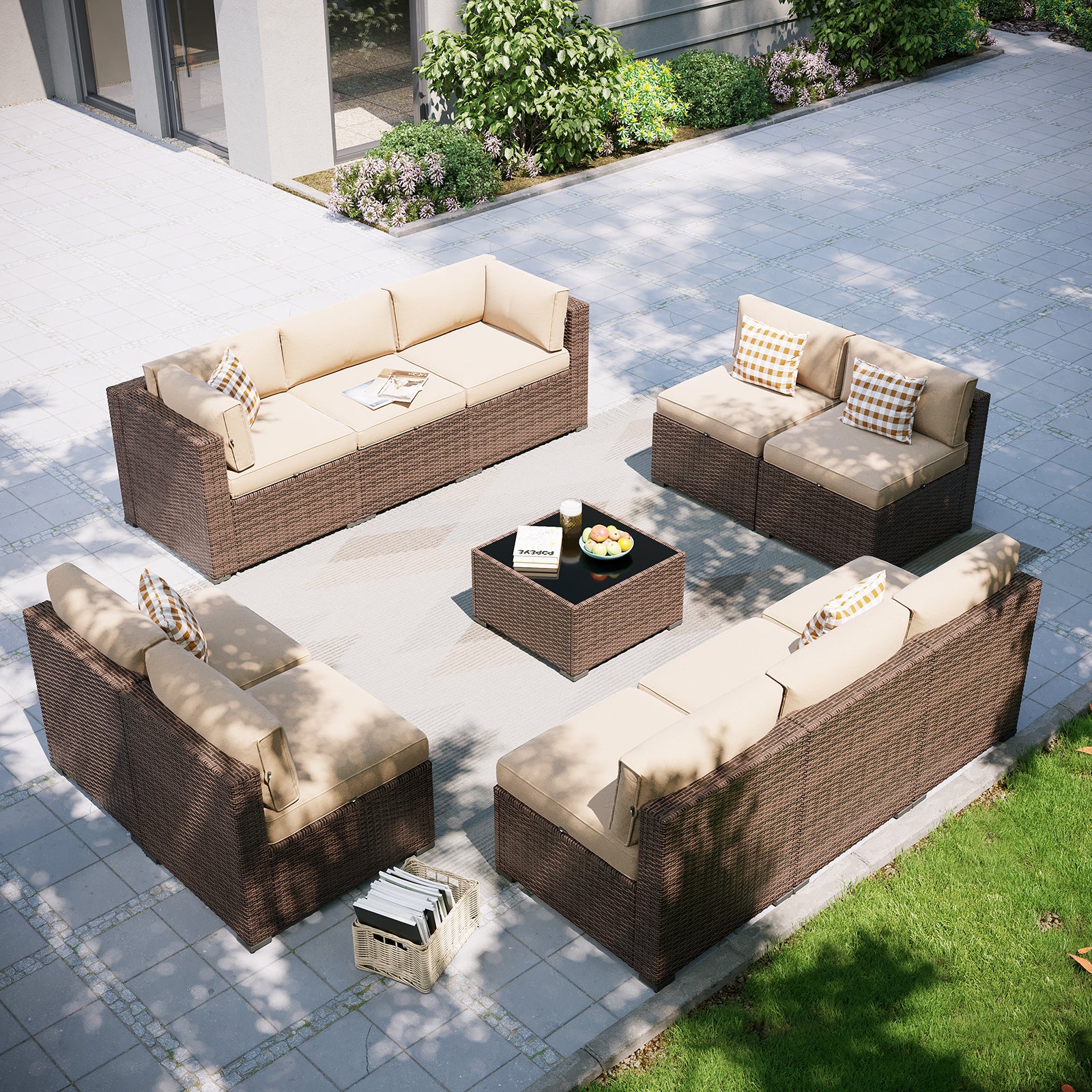 Aoxun Patio Furniture Set, 7 Piece Outdoor Sectional Sofas with Waterprool Cover, Wicker Rattan Outdoor Furniture Patio Conversation Set for Backyard, Garden Peacock Blue