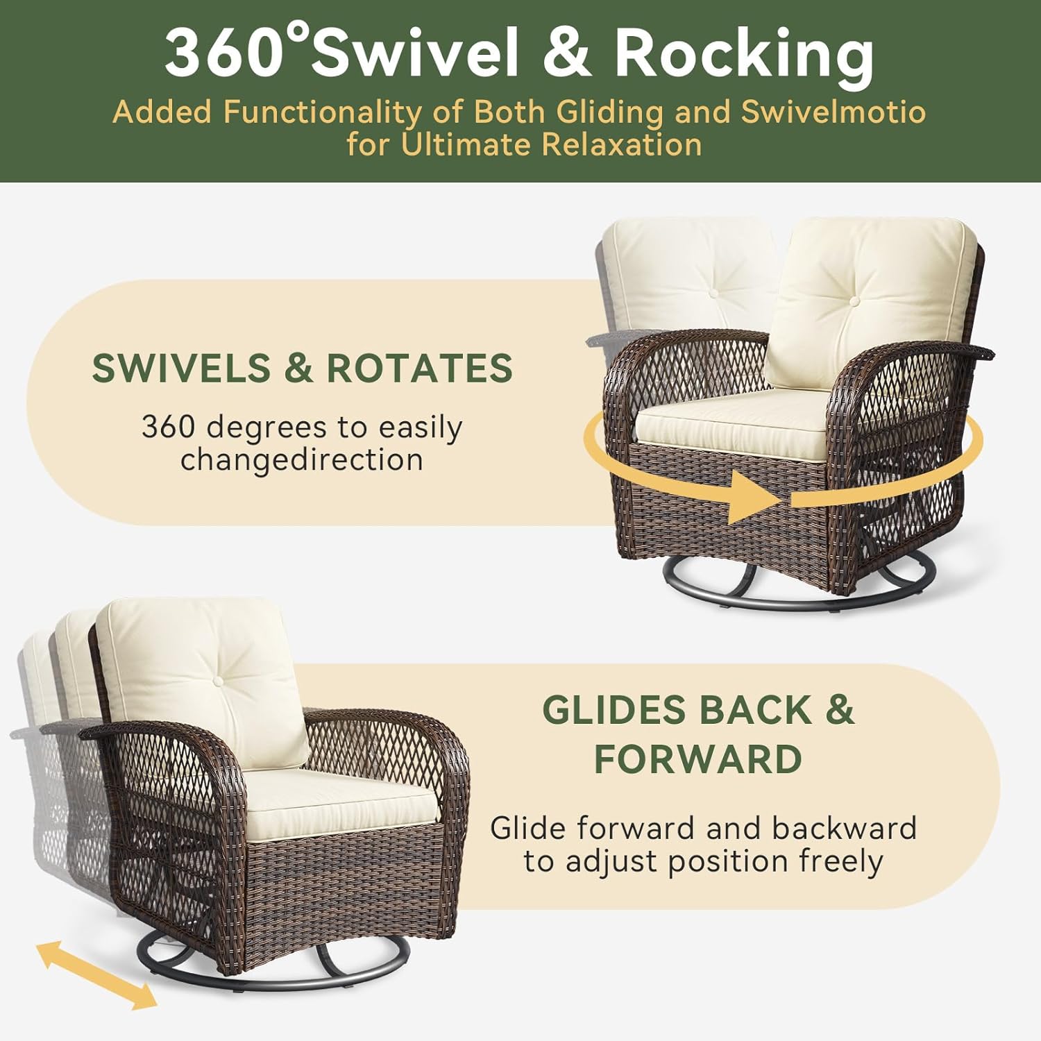 3 pcs Swivel Rocking Chairs & Tempered Glass Table Set