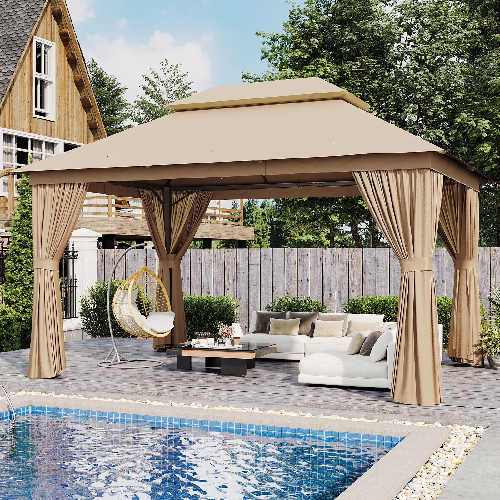 10'x13'Outdoor Gazebo,Double Roofs Metal Frame Canopy With Privacy Curtains For Backyard,Lawn,Garden,Beige