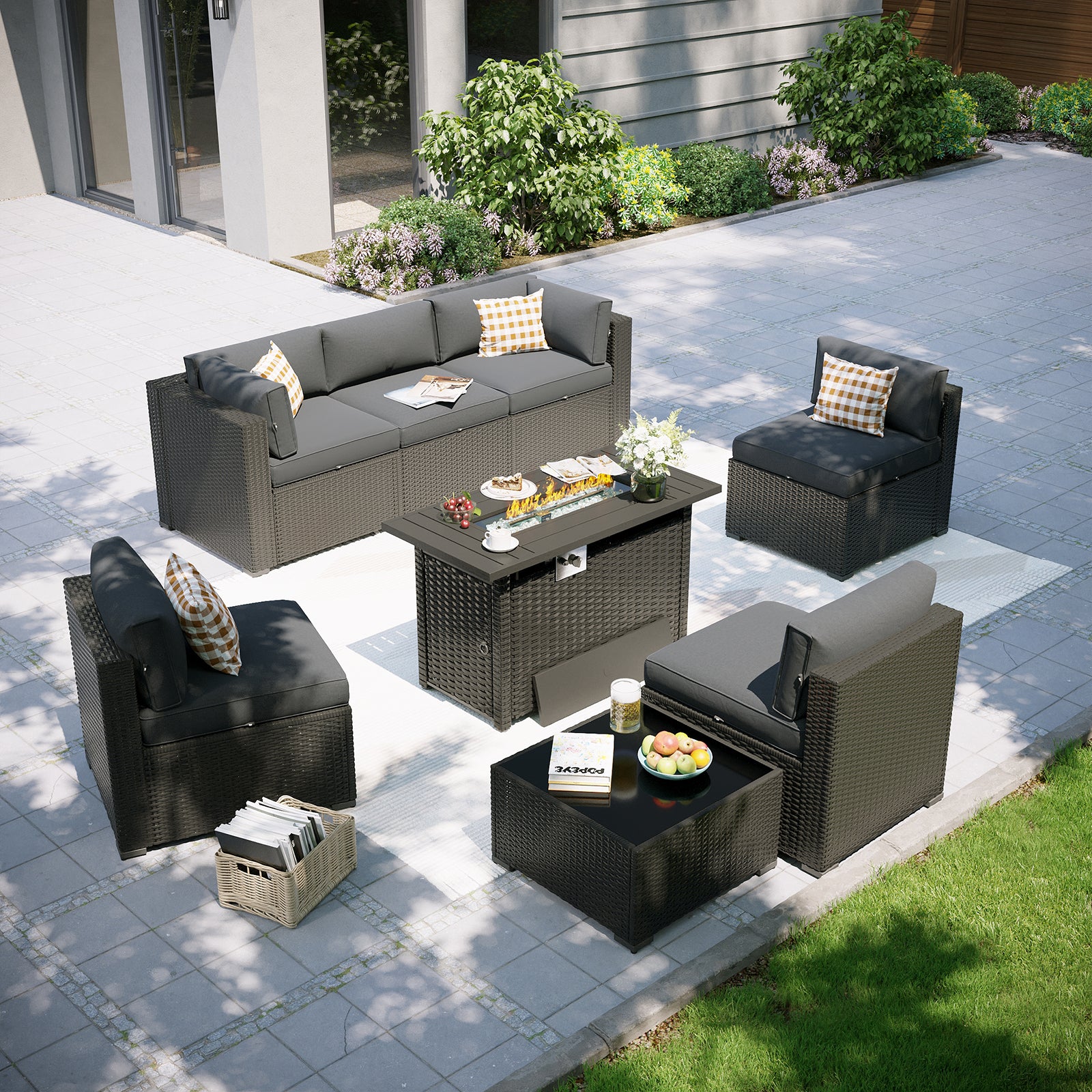 Aoxun Patio Furniture Set, 7 Piece Outdoor Sectional Sofas with Waterprool Cover, Wicker Rattan Outdoor Furniture Patio Conversation Set for Backyard, Garden Peacock Blue