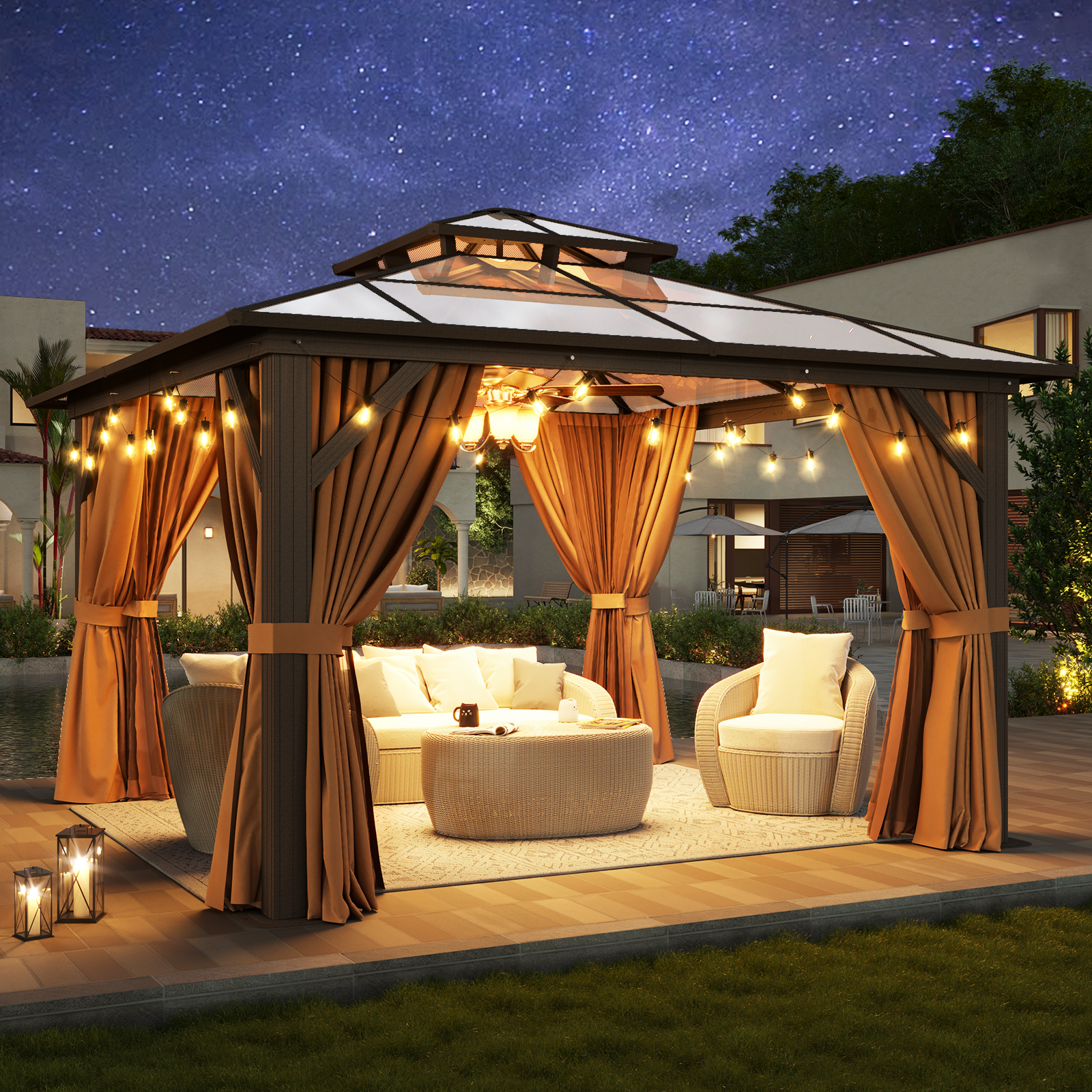 12'x12' Hardtop Gazebo, Aluminum Frame Permanent Pavilion with Curtains and Netting, Outdoor Polycarbonate Double Roof Canopy, Designed for Garden, Lawns, Patio, Gray