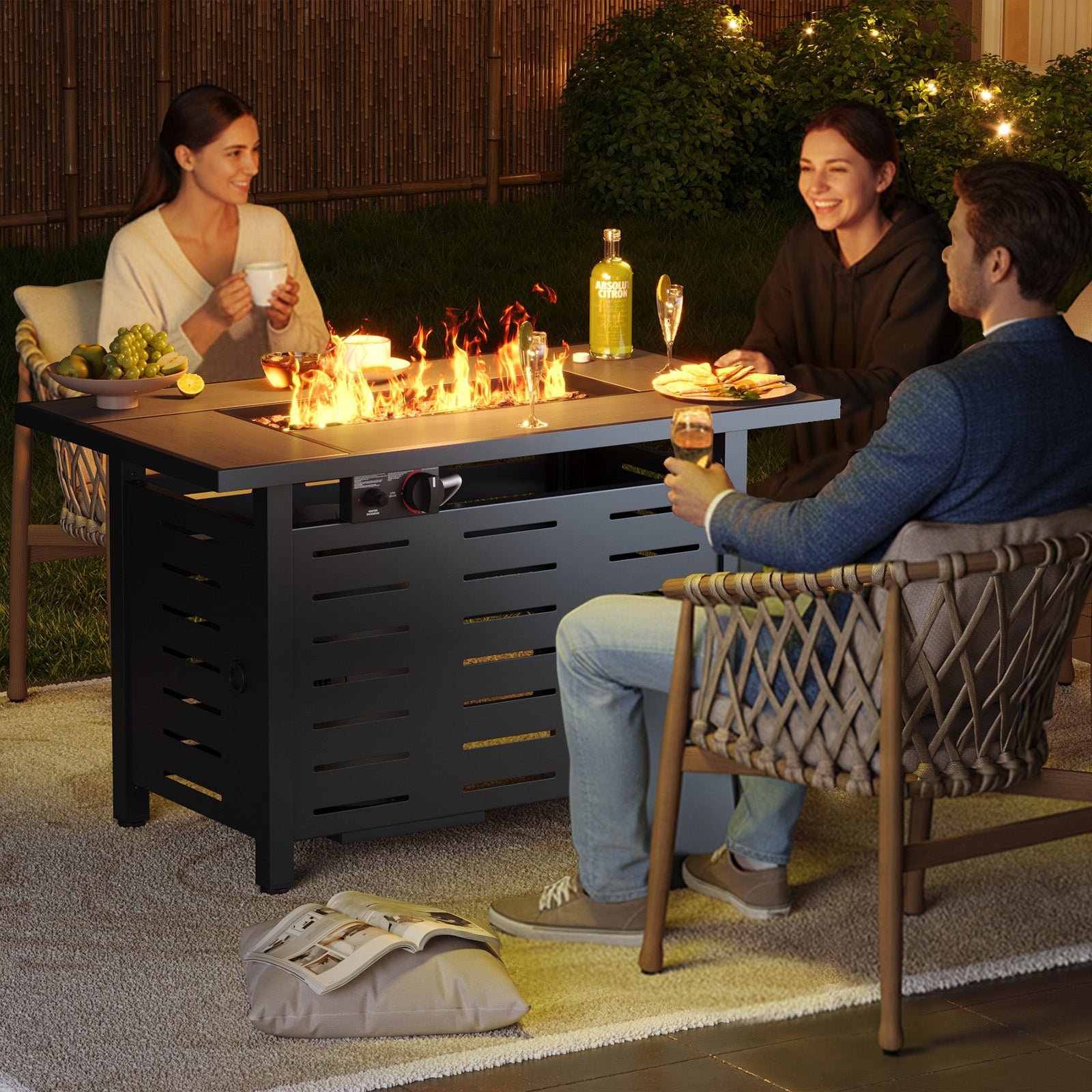 Aoxun 42" Propane Fire Pit Table, 60000 BTU Outdoor Patio Heater with Ceramic Top & Lava Rocks, Rectangle Gas Fire Pits for Outside Patio with Removable Lid, Black