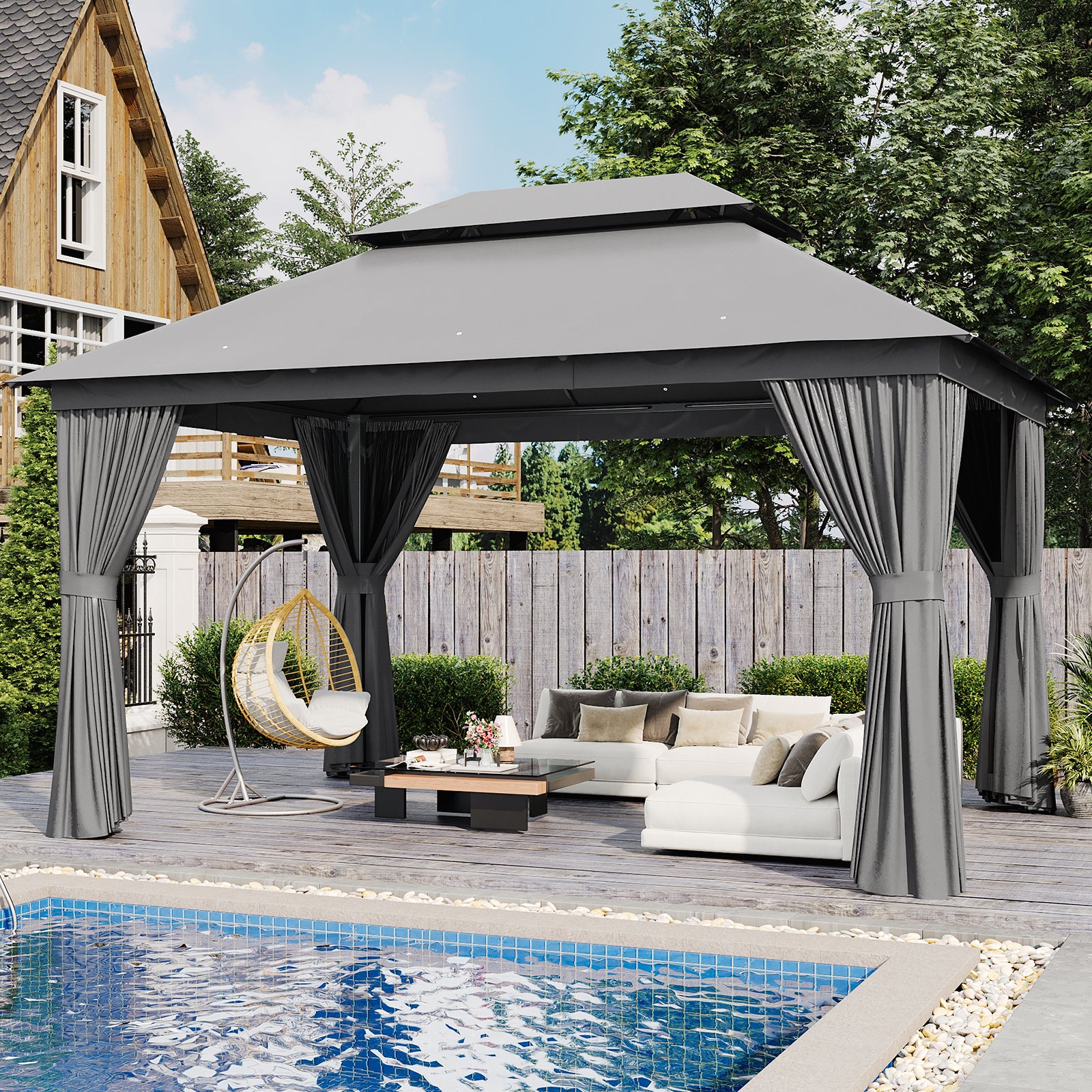 10'x13'Outdoor Gazebo,Double Roofs Metal Frame Canopy With Privacy Curtains For Backyard,Lawn,Garden,Gray