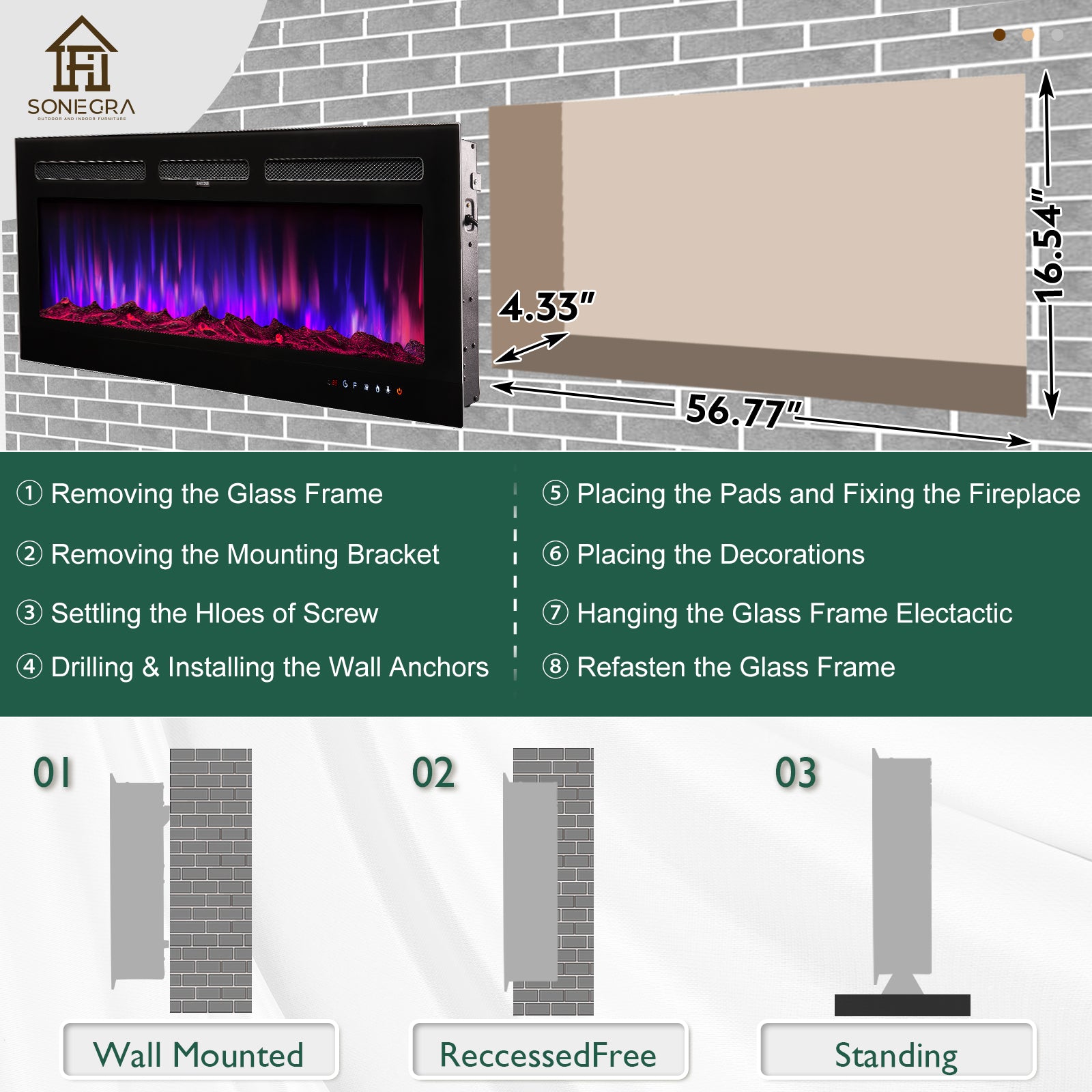 Sonegra 60" Electric Fireplace, in Wall Recessed & Free Standing, Remote Control