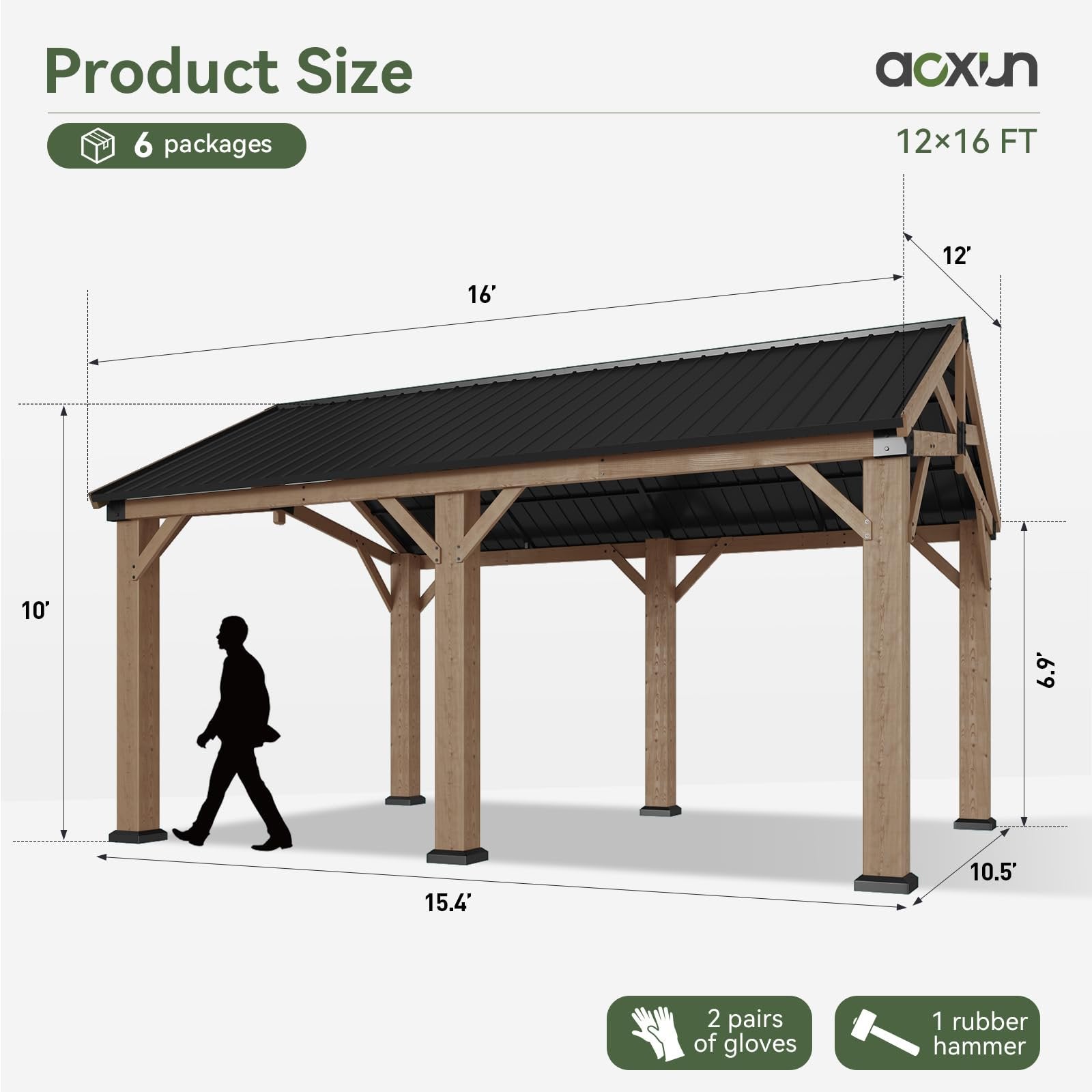 12' x 16' Outdoor Wood Gazebo, Hardtop Gazebo Permanent Wooden Pavilion with Galvanized Steel Gable Roof, for Patio, Garden, Deck, Cedar Wood